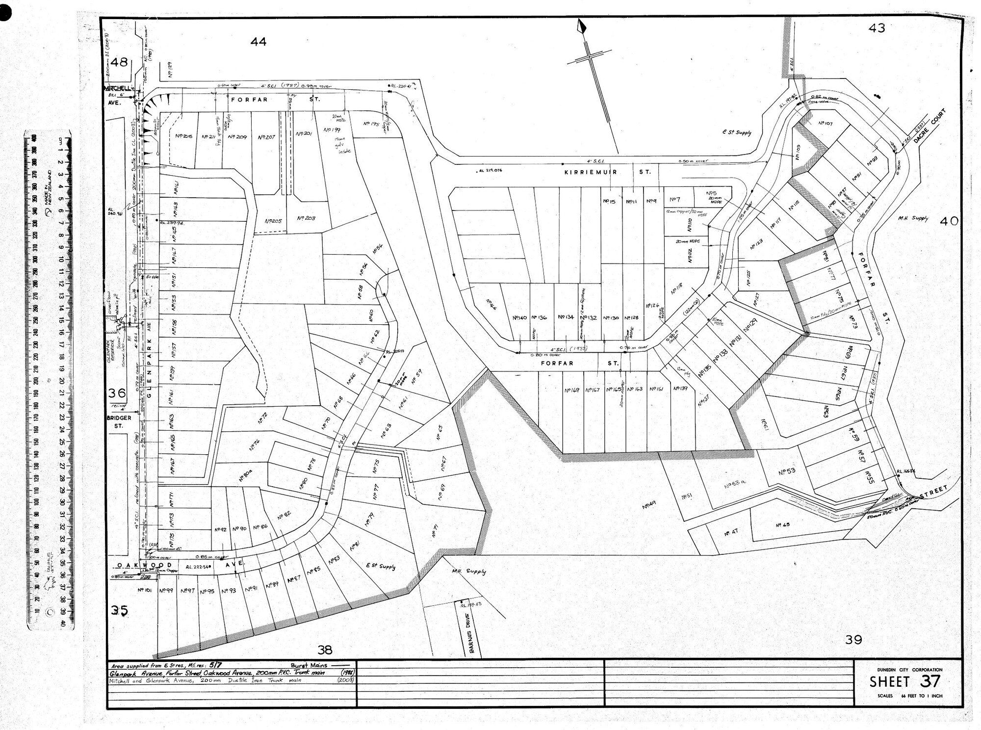 AREA SUPPLIED FROM E. ST. RES, MH RES: 5/7 - BURST MAINS
