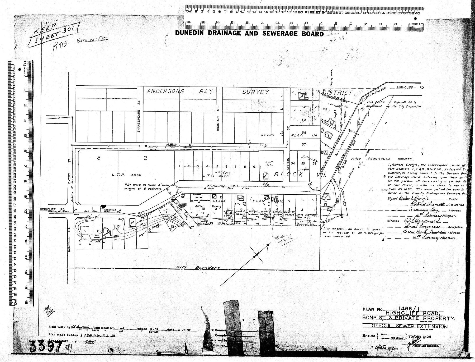 HIGHCLIFF ROAD, BONE ST &amp; PRIVATE PROPERTY  - 6" FOUL SEWER