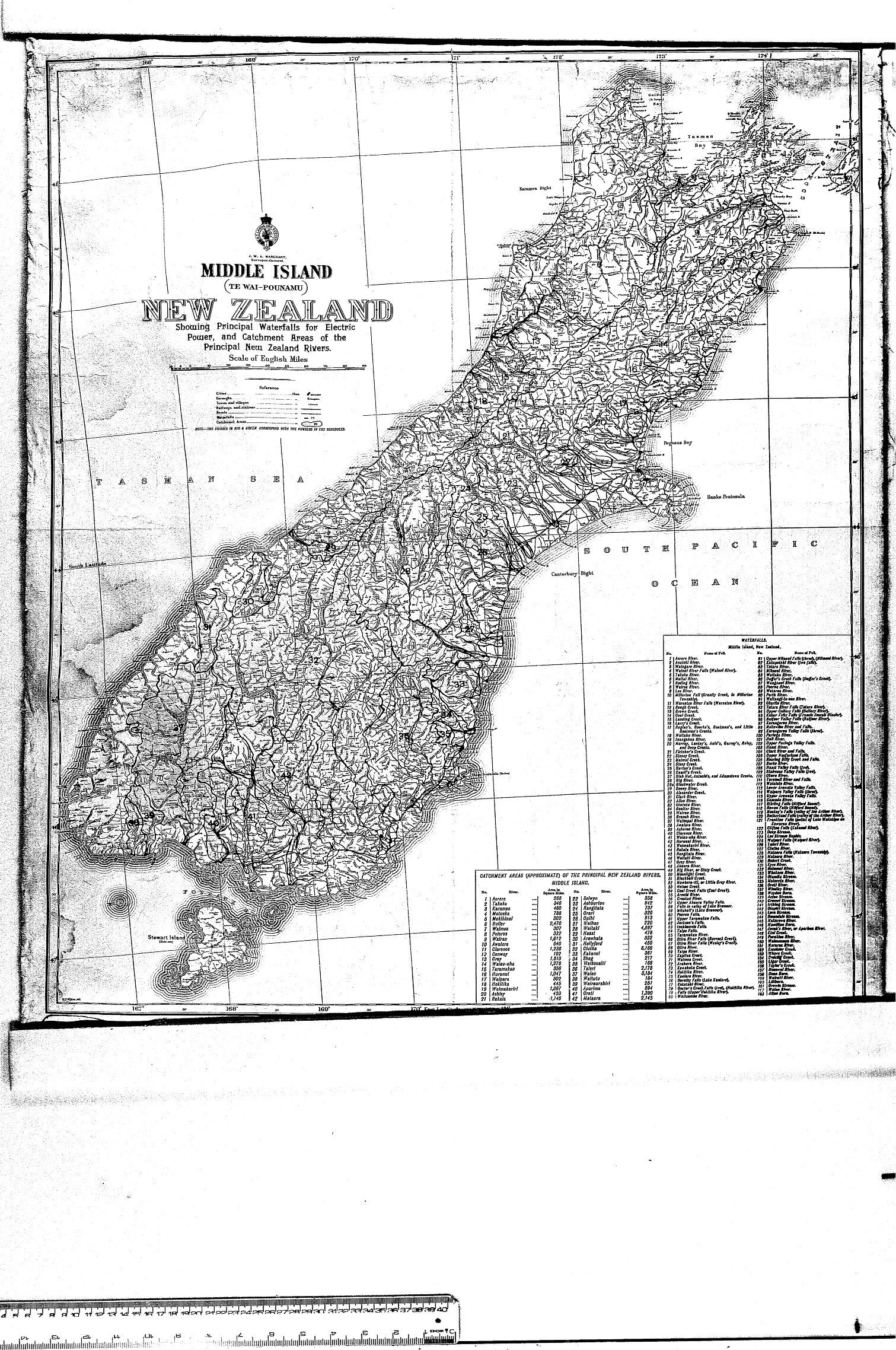 NEW ZEALAND - PRINCIPAL WATERFALLS FOR ELECTRIC POWER , CATCHMENT AREAS OF NZ RIVERS