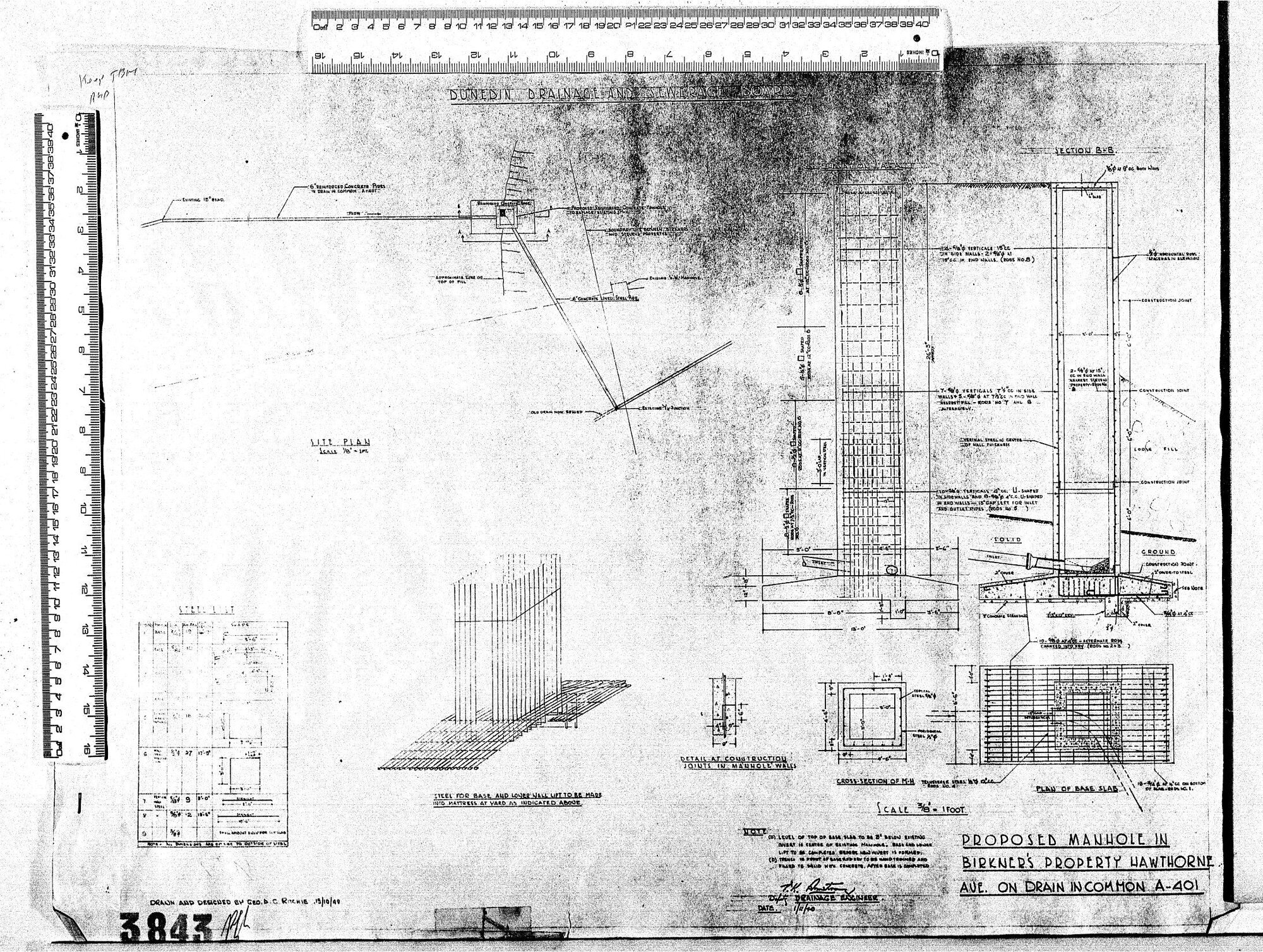 PROPOSED MANHOLE IN BIRKNER'S PROPERTY HAWTHORNE AVE.  ON DRAIN ON COMMON A-401