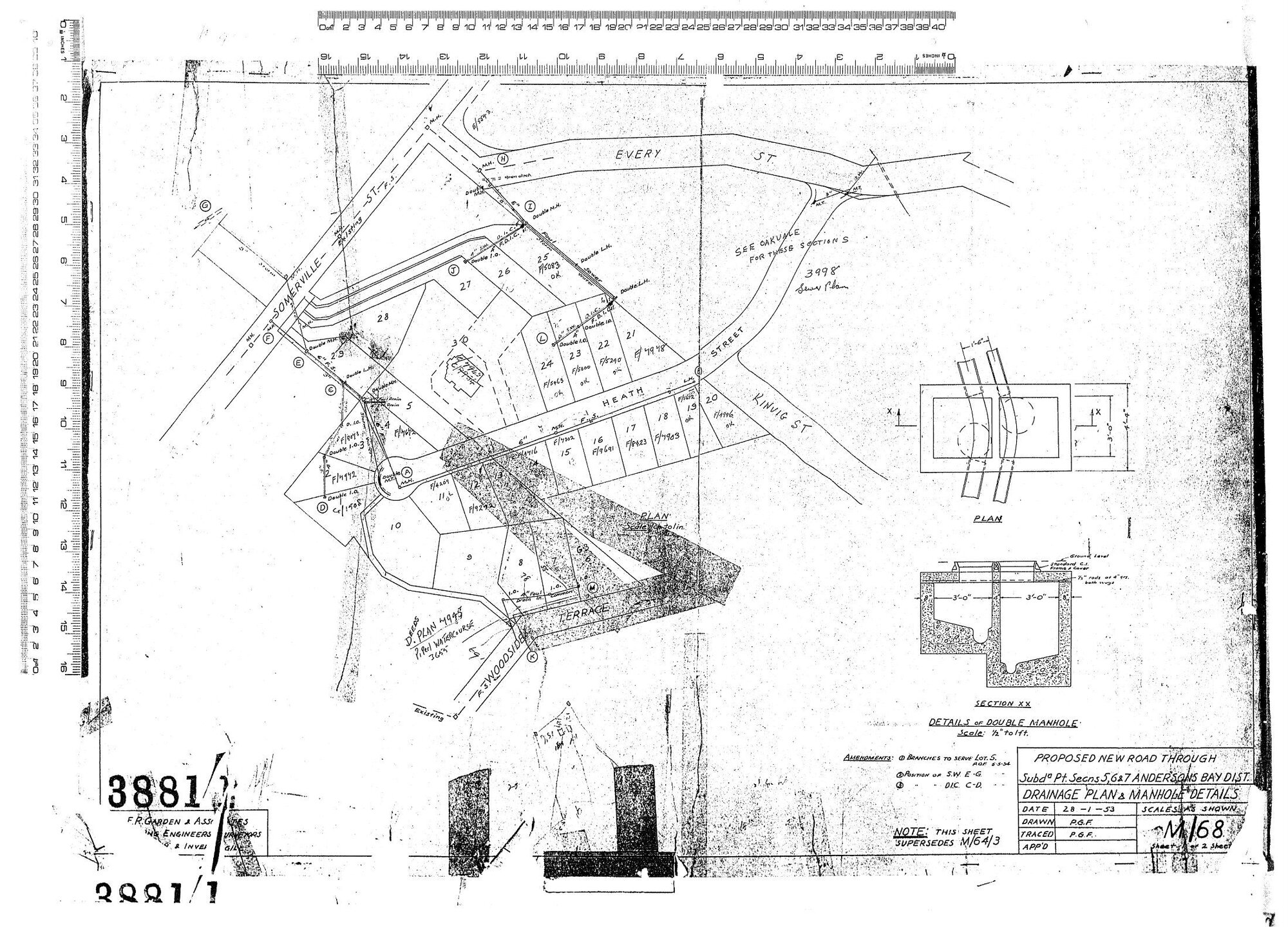 PROPOSED NEW ROAD THROUGH SUBDN PT. SECNS 5,6 &amp;7 ANDERSONS BAY DIST - DRAINAGE PLAN &amp; MANHOLE DETAILS