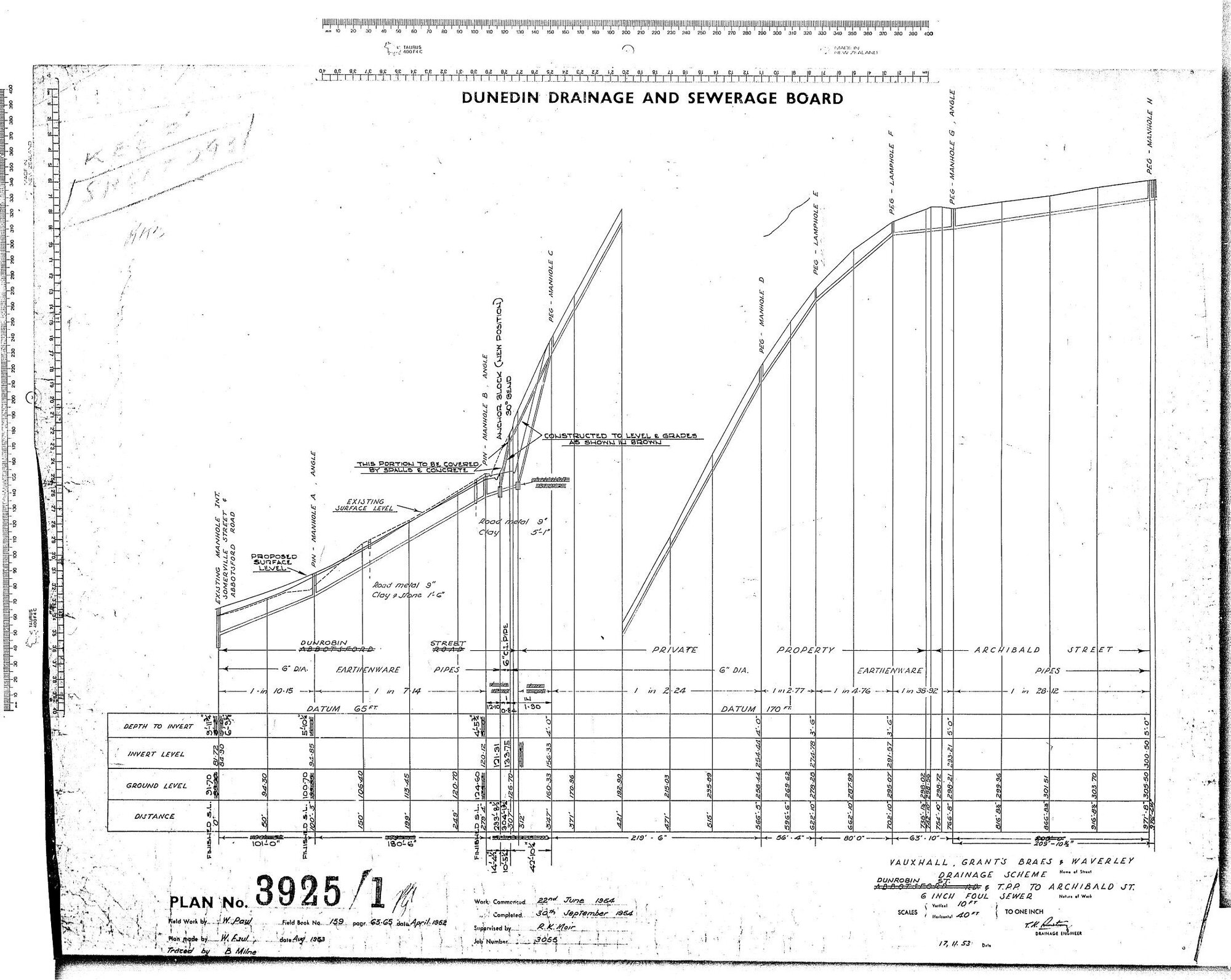 VUAXHALL, GRANT'S BRAES &amp; WAVERLEY DRAINAGE SCHEME - DUNROBIN ST.  T.P.P. TO ARCHIBALD ST.  6" FOUL SEWER