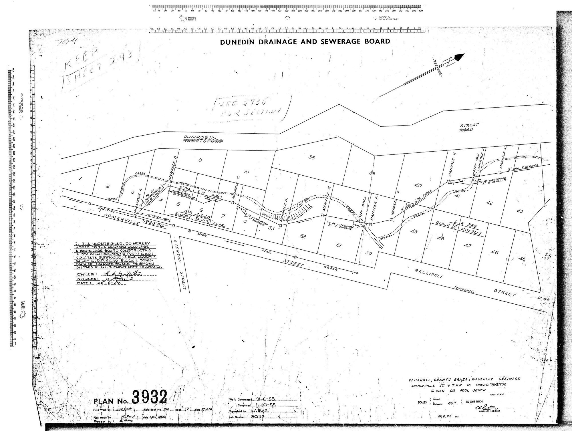 VUAXHALL, GRANT'S BRAES &amp; WAVERLEY DRAINAGE SOMERVILL ST.  T.P.P. TO TOWER AVENUE  6" DIA FOUL SEWER