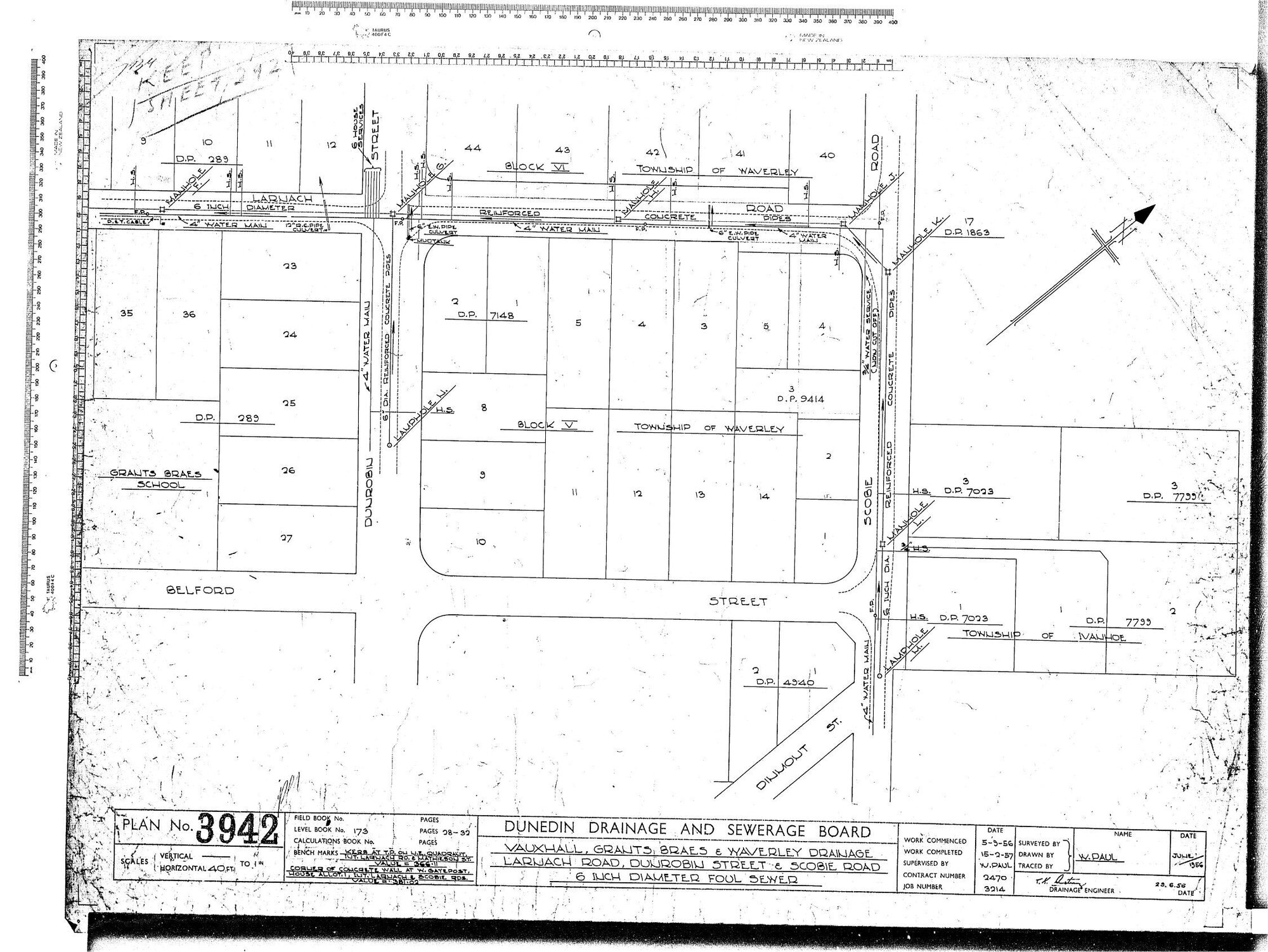 VUAXHALL, GRANT'S BRAES &amp; WAVERLEY DRAINAGE LARNACH ROAD, DUNROBIN STREET &amp; SCOBIE ROAD 6" DIAMETER FOUL SEWER