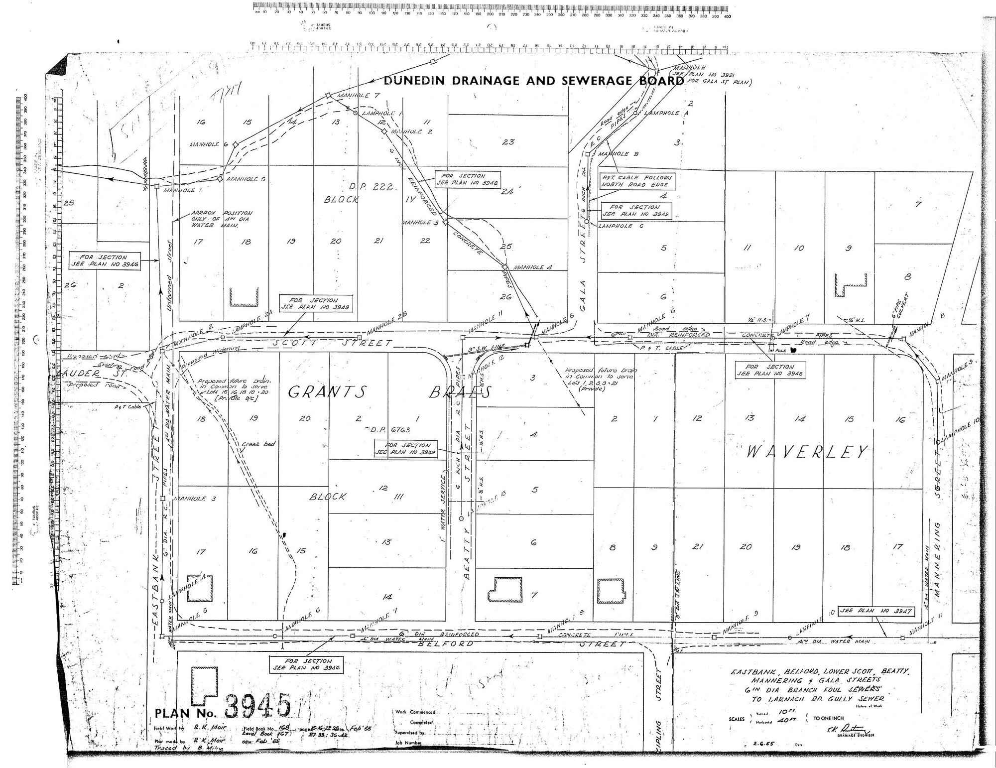 EASTBANK, BELFORD, LOWER SCOTT, BEATTY, MANNERING &amp; GALA STREETS.  6" DIA BRANCH FOUL SEWERS TO LARNACH RD. GULLY SEWER