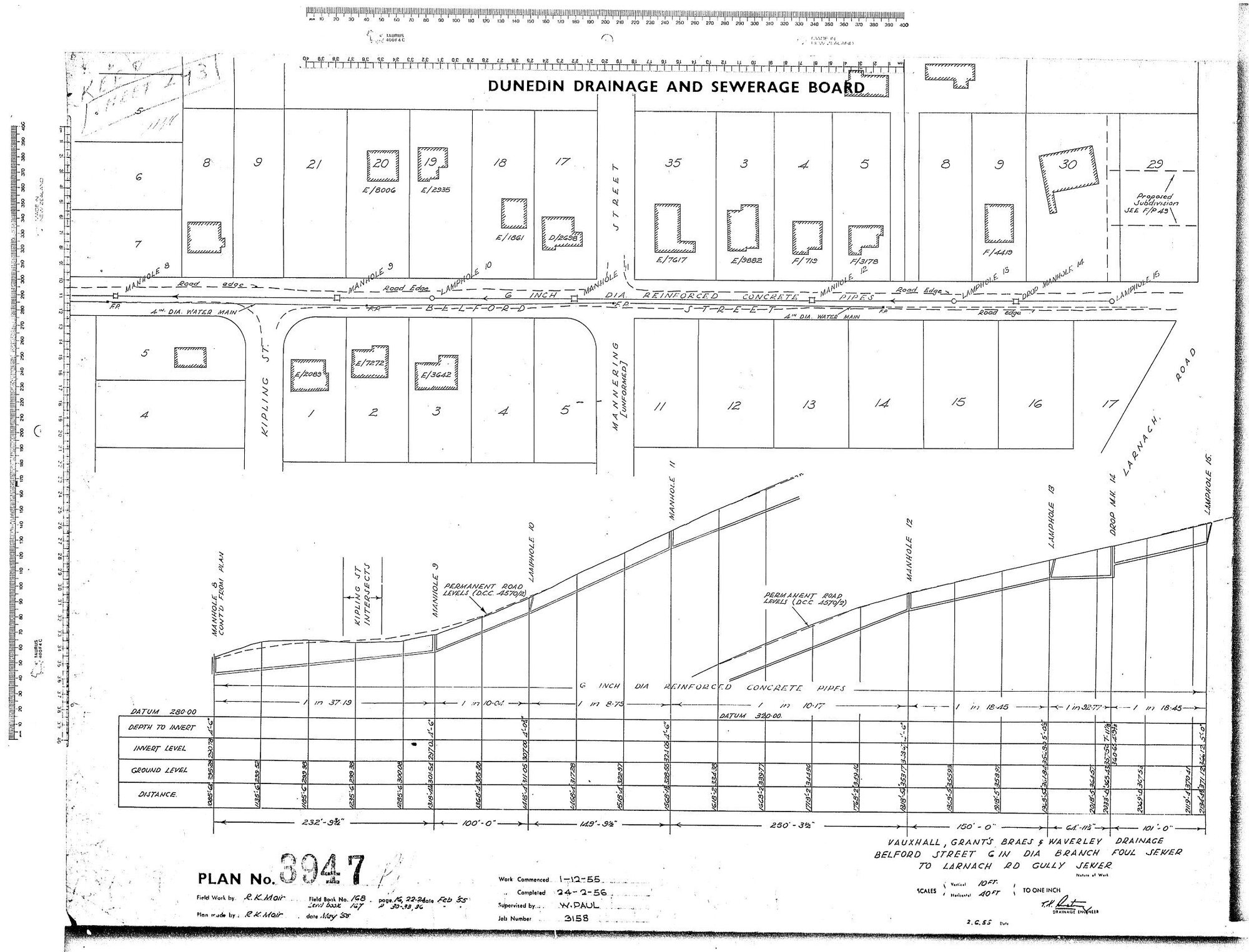 VUAXHALL, GRANT'S BRAES &amp; WAVERLEY DRAINAGE BELFORD STREETS  6" DIA BRANCH FOUL SEWER TO LARNACH RD GULLY SEWER