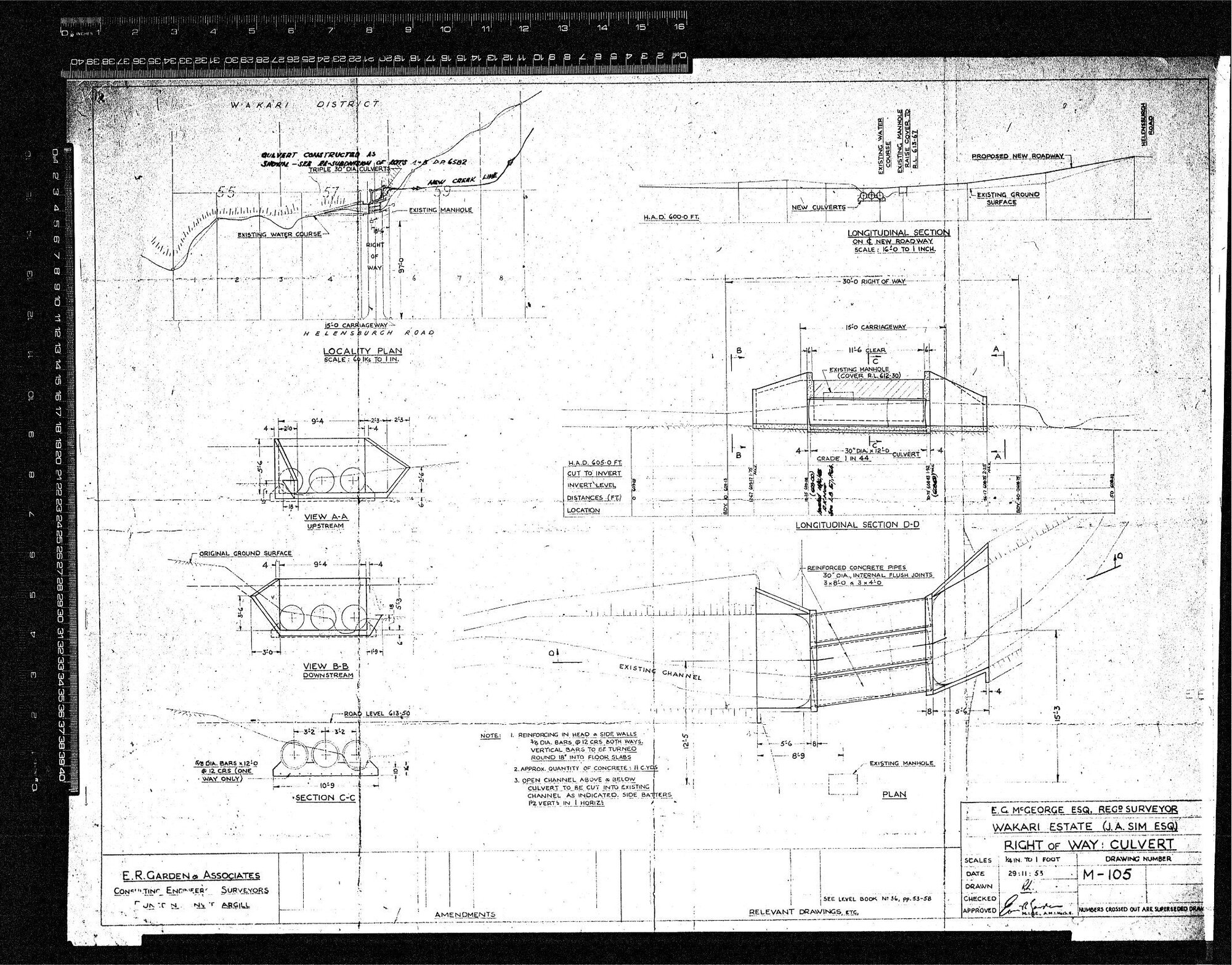 E.G. McGEORGE ESQ. REGD. SURVEYOR  WAKARI ESTATE (J.A. SIM ESQ)  RIGHT OF WAY CULVERT