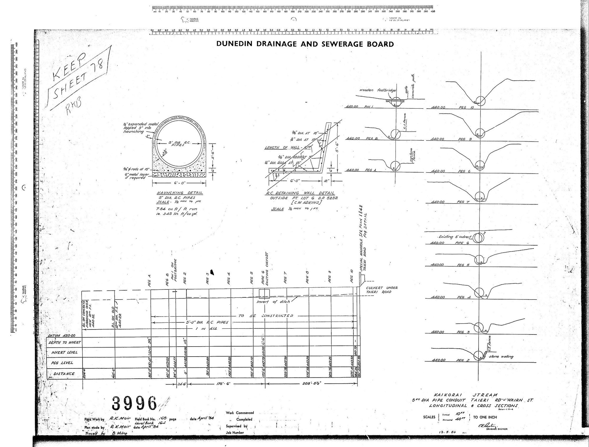KAIKORAI STREAM 5'-0" CONDUIT TAIERI RD - NAIRN ST. LONGITUDINAL &amp; CROSS SECTIONS