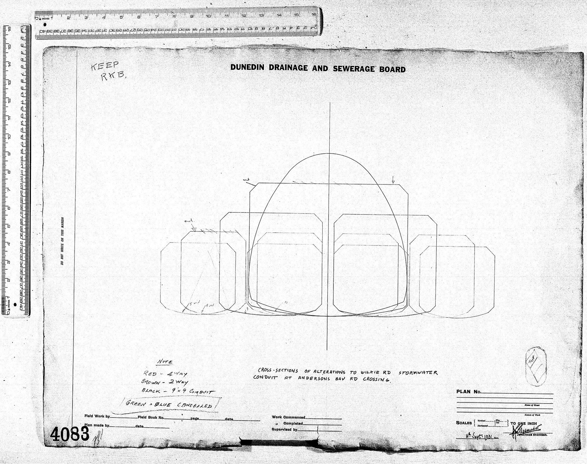 CROSS-SECTIONS OF ALTERATIONS TO WILKIE ROAD STORMWATER CONDUIT AT ANDERSONS BAY ROAD CROSSING