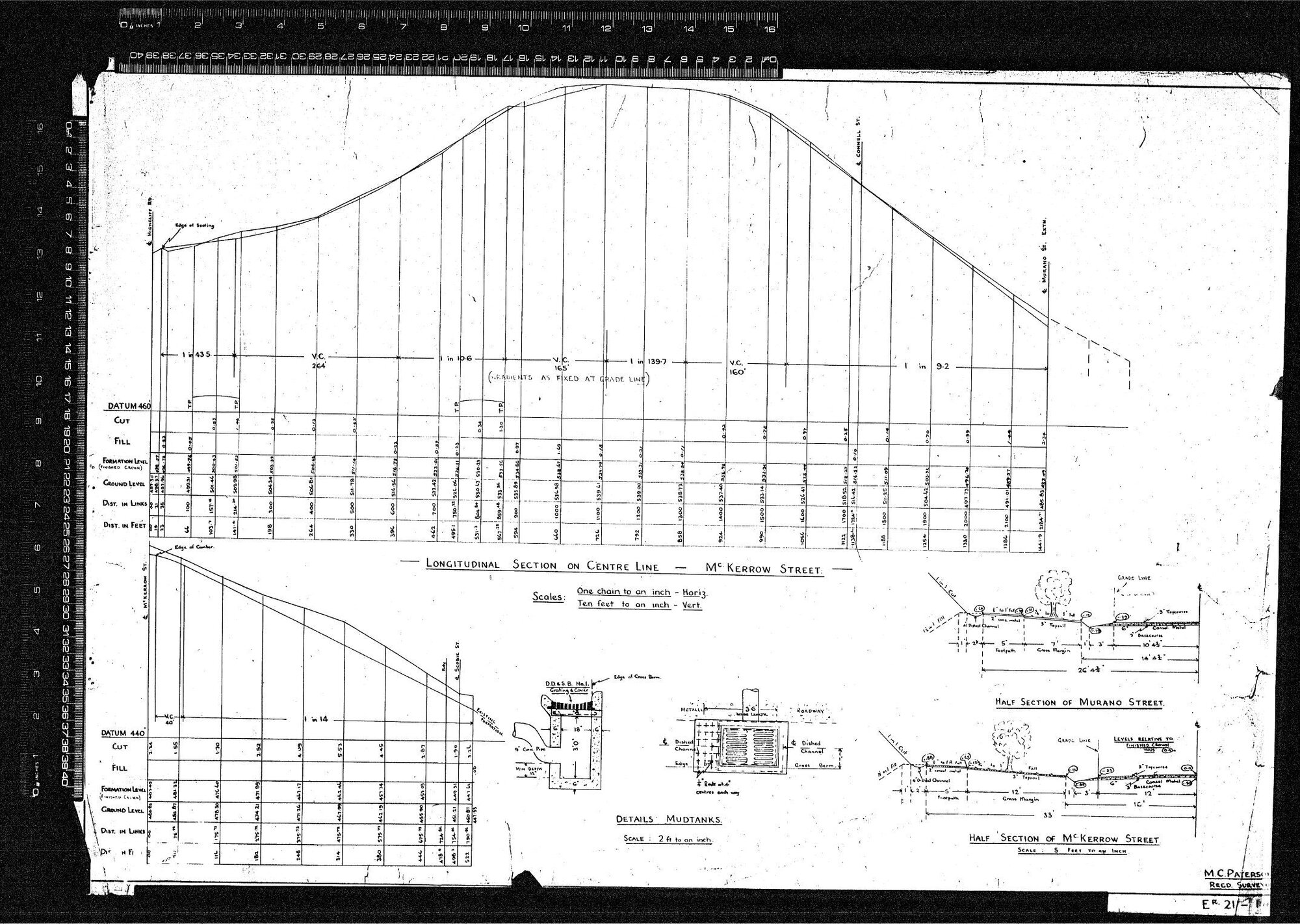 LONGITUDINAL SECTION OF CENTRE LINE - MCKERROW STREET &amp; DETAILS MUDTANKS