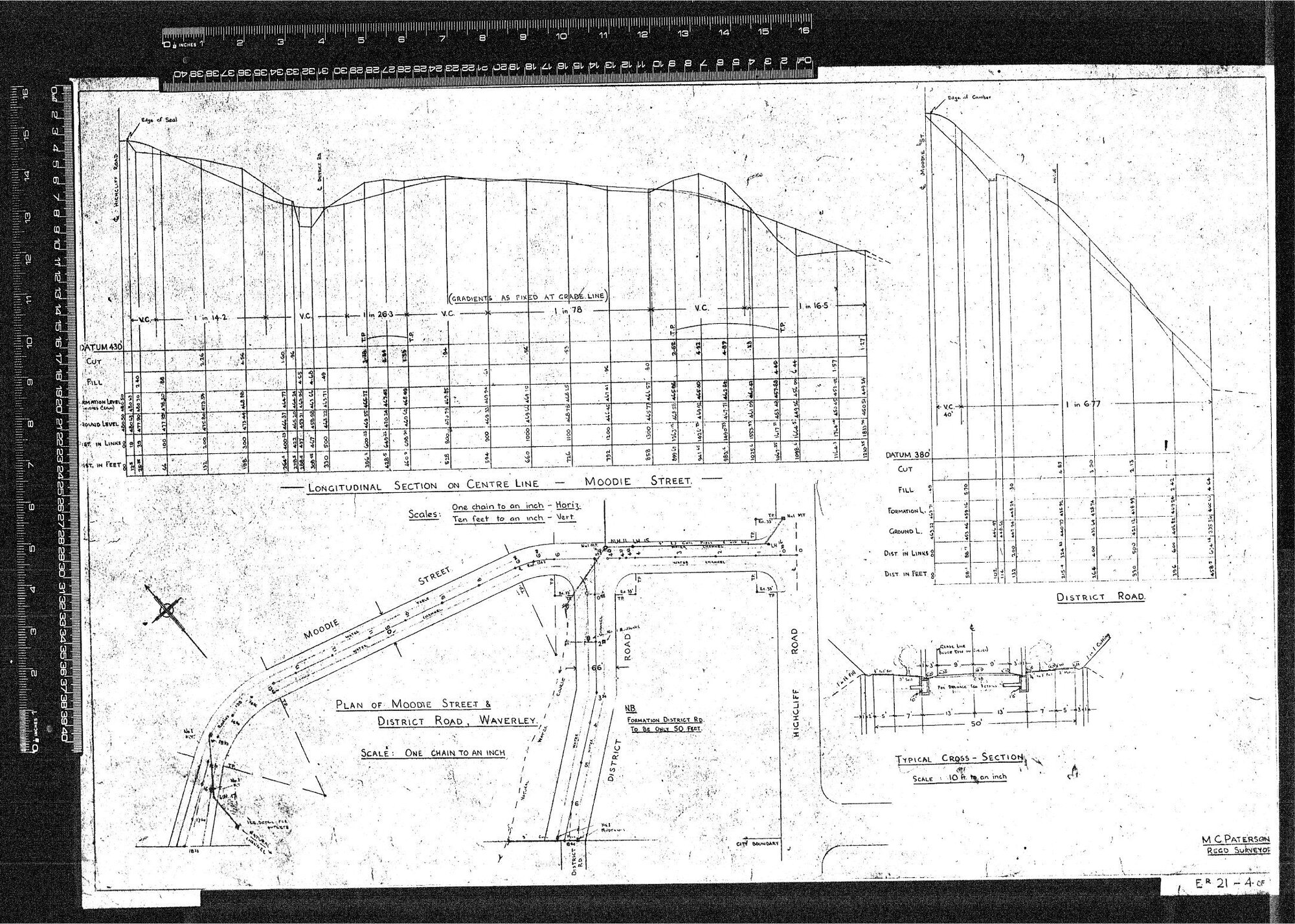 LONGITUDINAL SECTION ON CENTRE LINE - MOODIE STREET - DISTRICT ROAD - PLAN OF MOODIE STREET