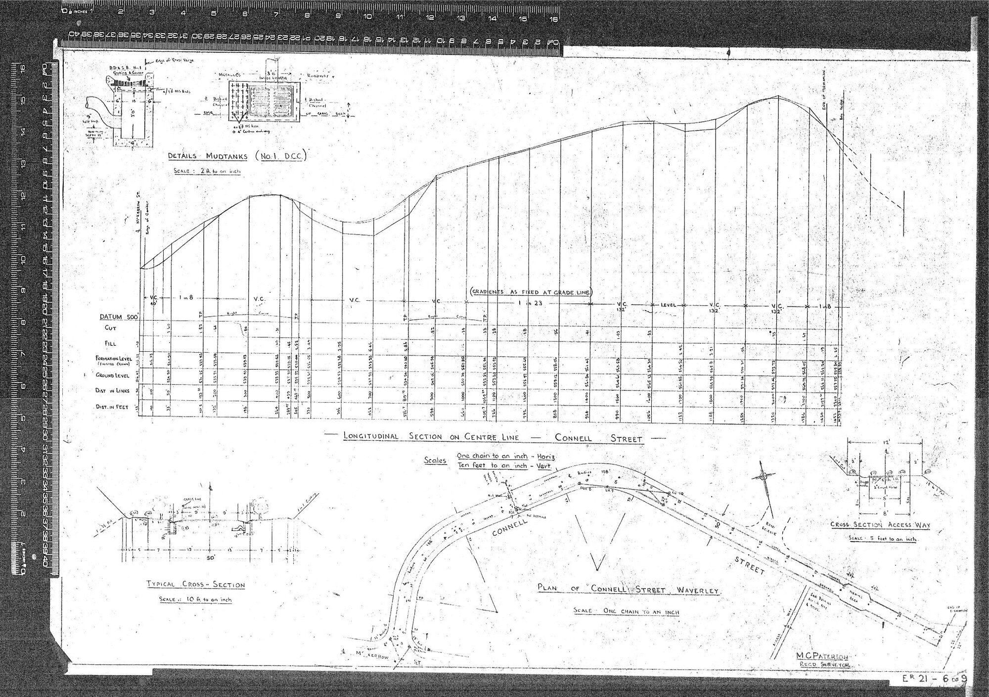 LONGITUDINAL SECTION ON CENTRE LINE - CONNELL STREET - DETAILS MUDTANKS - TYPICAL CROSS-SECTION