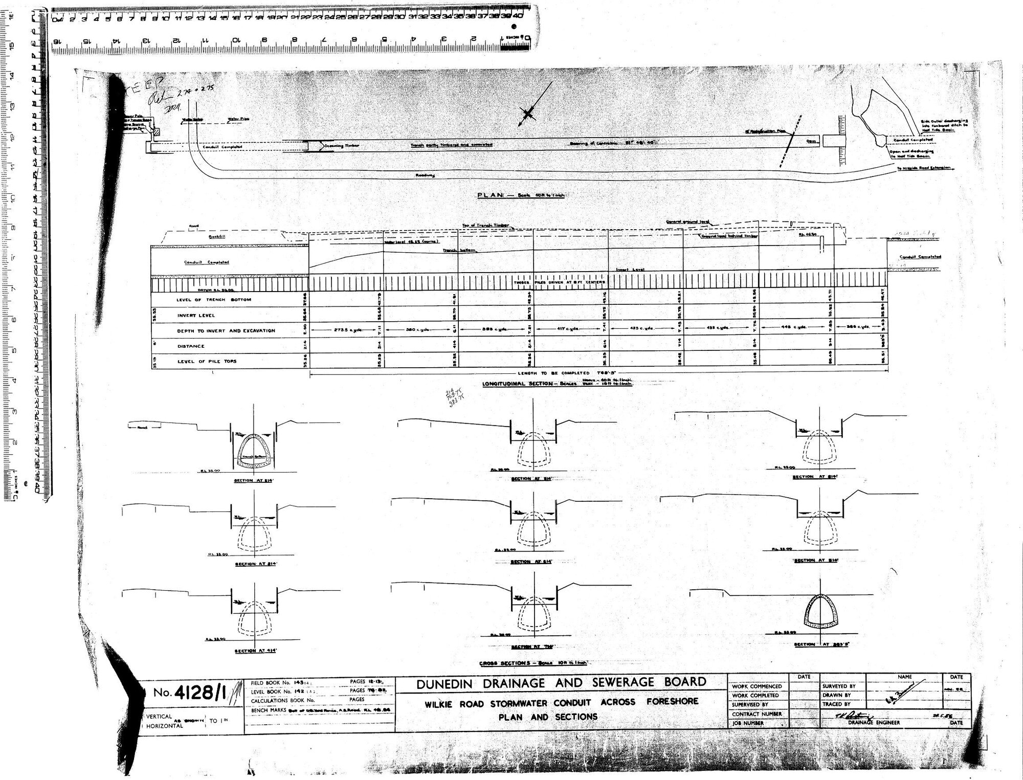 WILKIE ROAD STORMWATER CONDUIT ACROSS FORESHORE PLAN AND SECTIONS