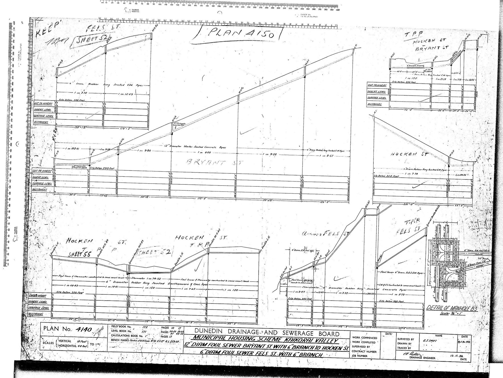 MUNICIPAL HOUSING SCHEME - KAIKORAI VALLEY 12" DIAM FOUL SEWER BRYANT STREET WITH 6" BRANCH TO HOCKEN STREET 6" DIAM FOUL SEWER FELS STREET WITH 6" BRANCH