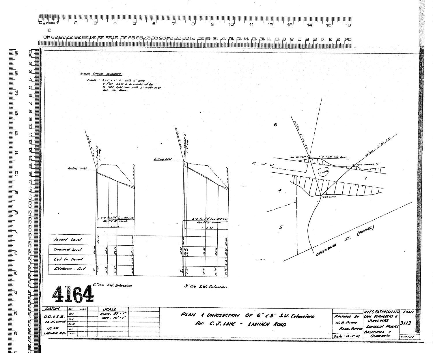 PLAN &amp; LONGSECTION OF 6" &amp; 9" S.W. EXTENSIONS FOR C.J. LANE - LARNACH ROAD