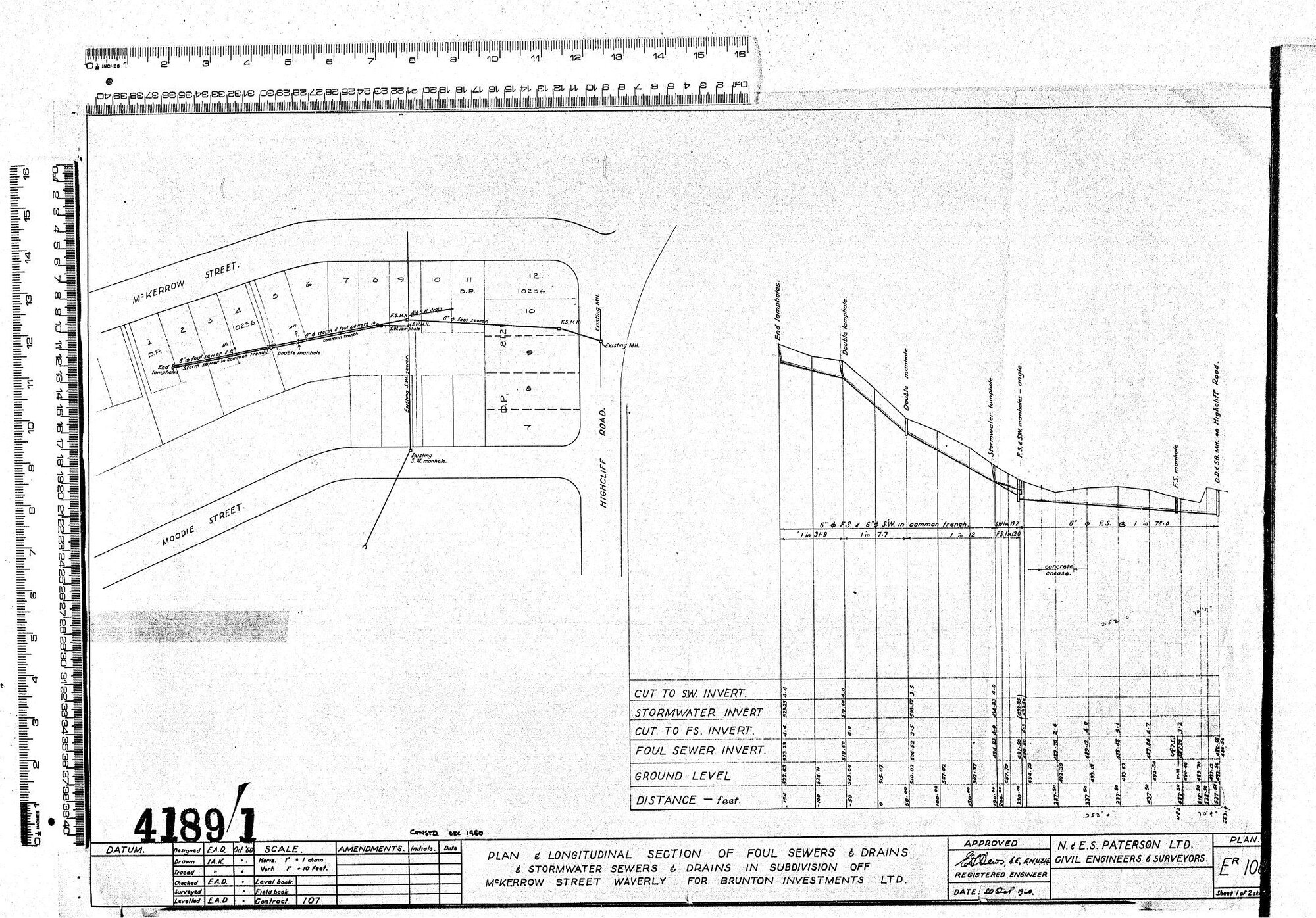 PLAN &amp; LONGITUDINAL SECTION OF FOUL SEWERS &amp; DRAINS &amp; STORMWATER SEWERS &amp; DRAINS IN SUBDIVISION