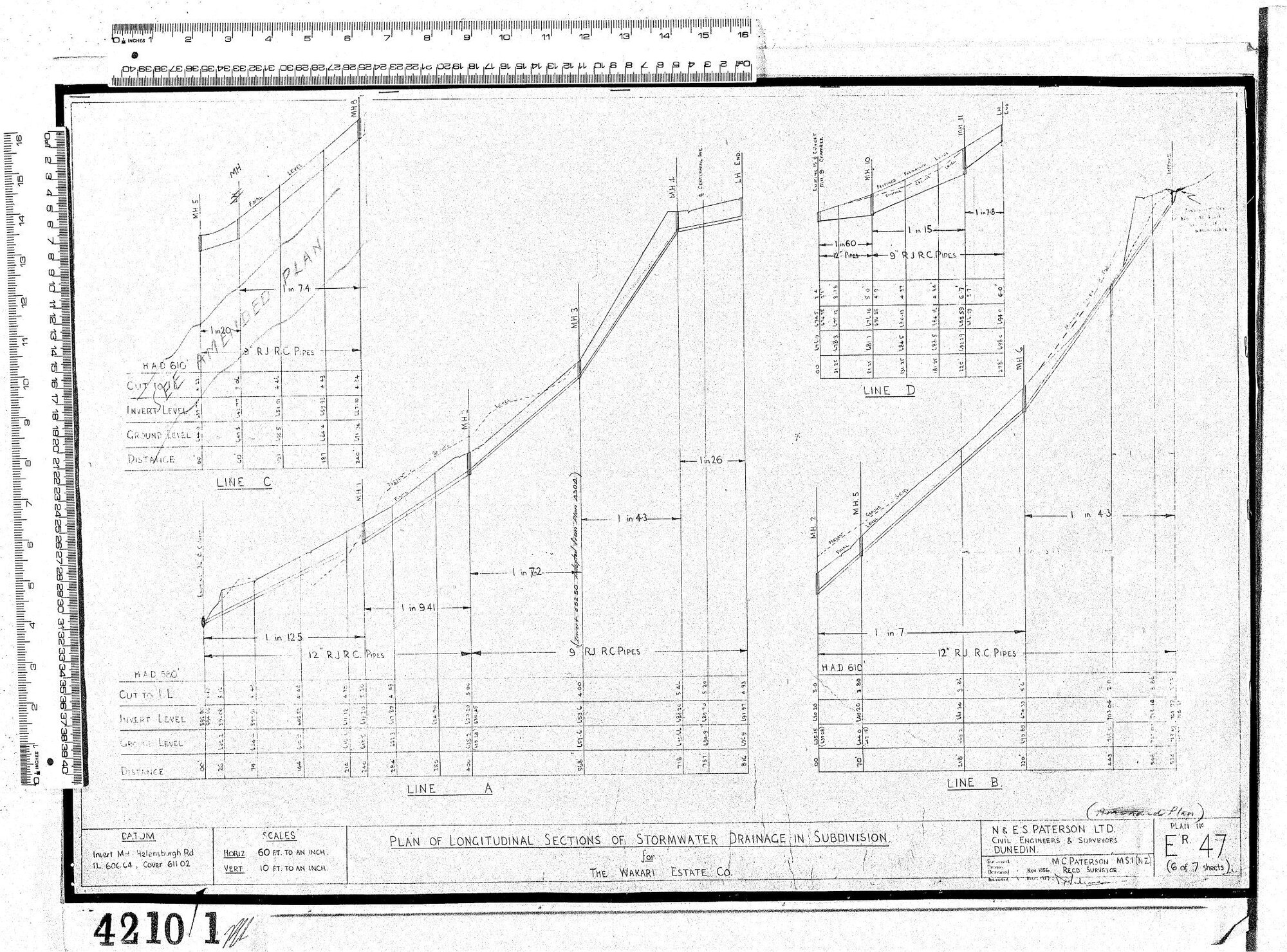 PLAN OF LONGITUDINAL SECTIONS OF STORMWATER DRAINAGE IN SUBDIVISION FOR THE WAKARI ESTATE CO