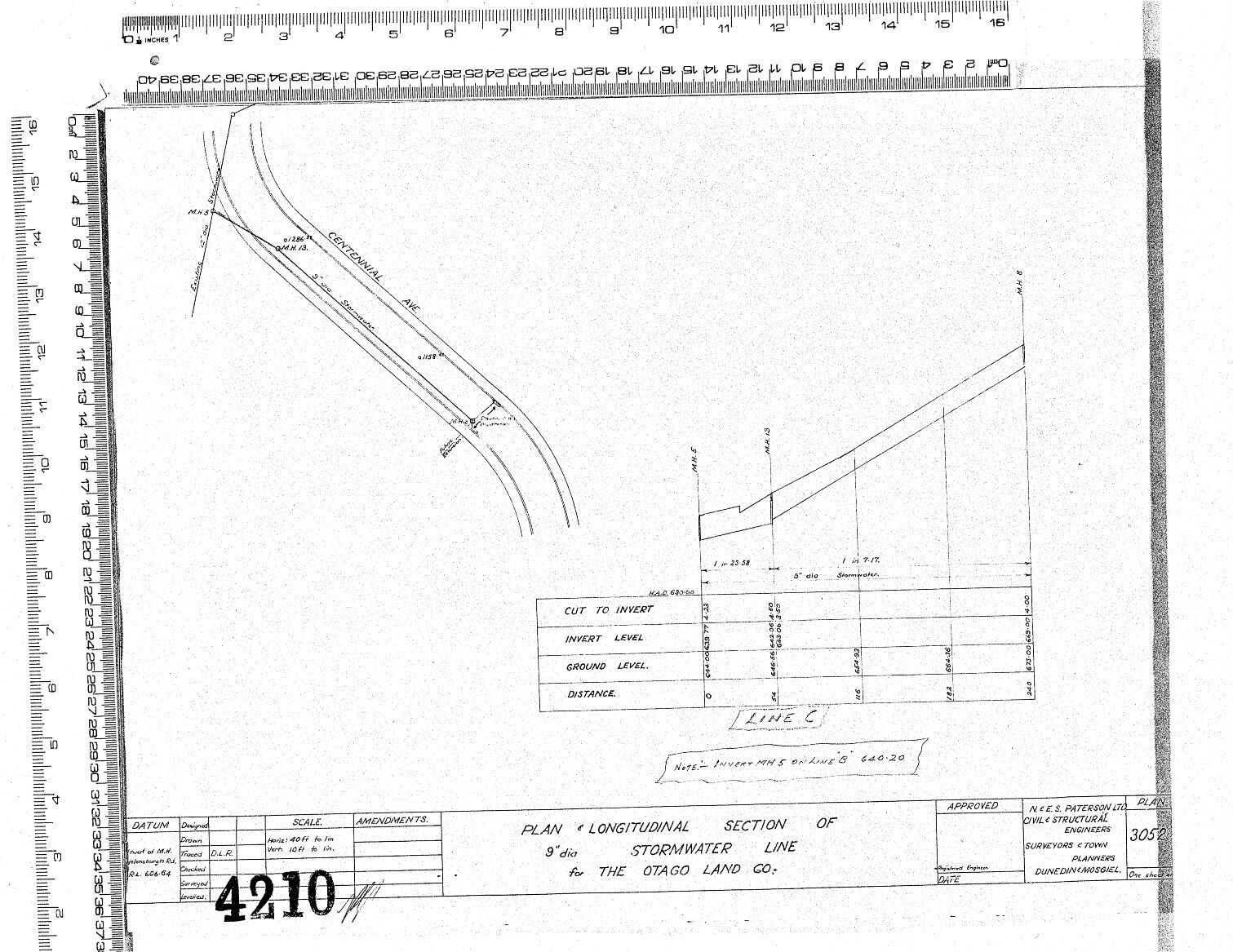 PLAN &amp; LONGITUDINAL SECTION OF 9" DIA STORMWATER LINE  FOR THE OTAGO LAND CO.