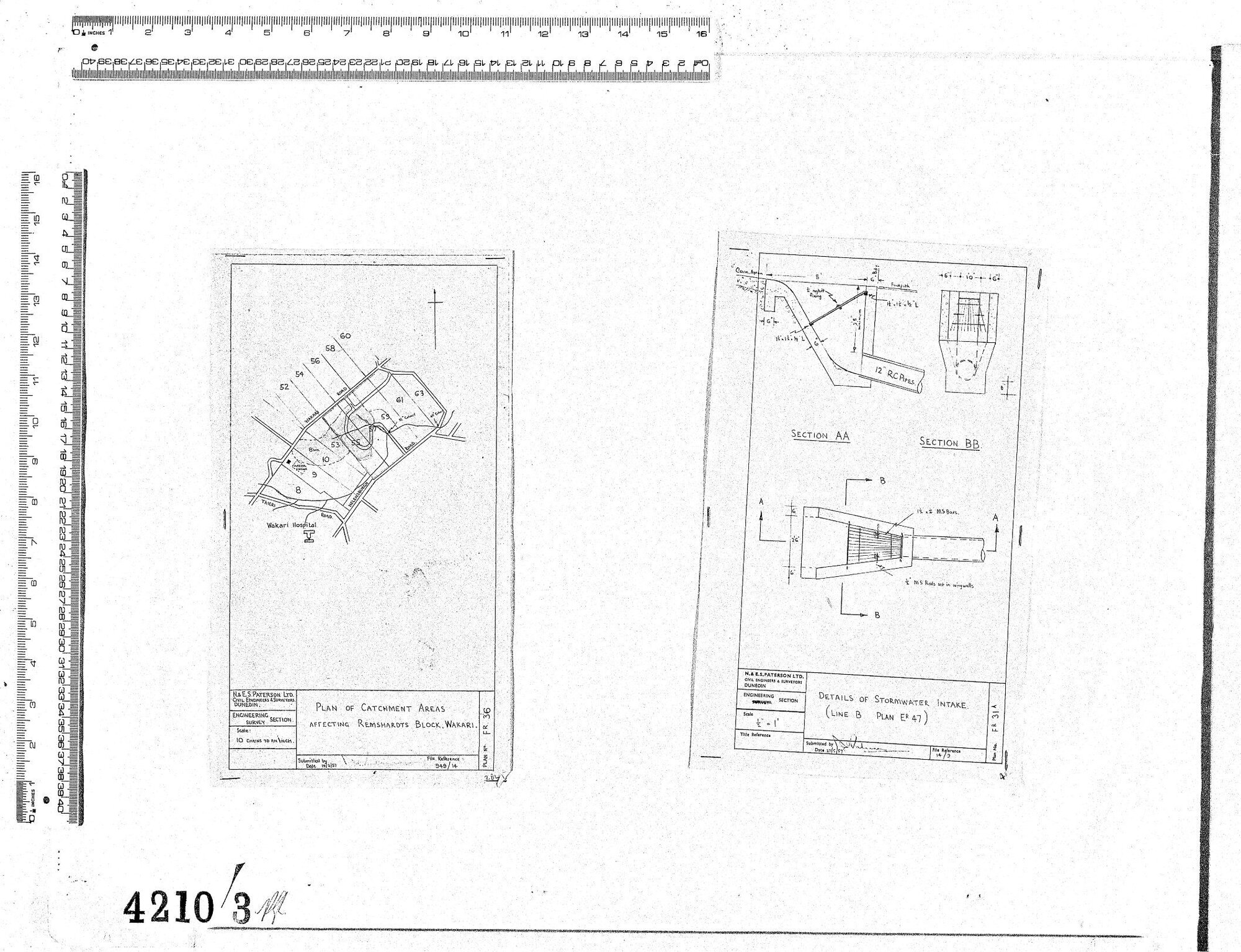 PLAN OF CATCHMENT AREAS AFFECTING REMSHARDTS BLOCK WKARI &amp; DETAILS OF STORMWATER INTAKE (LINE B PLAN ER 47)