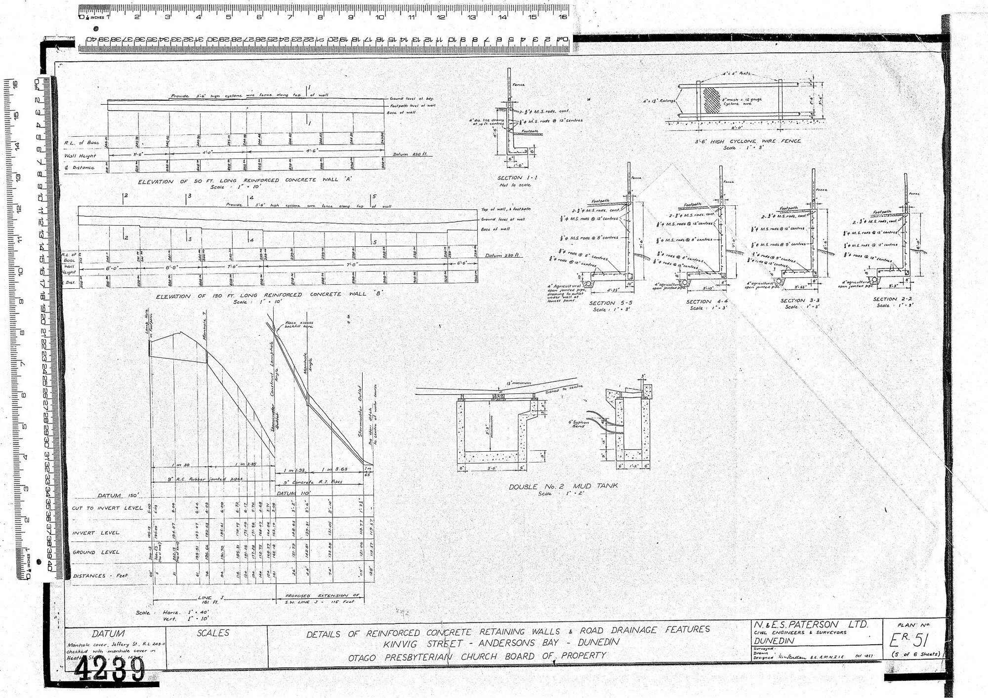 DETAILS OF REINFORCED CONCRETE RETAINING WALLS &amp; ROAD DRAINAGE FEATURES KINVIG STREET - ANDERSONS BAY