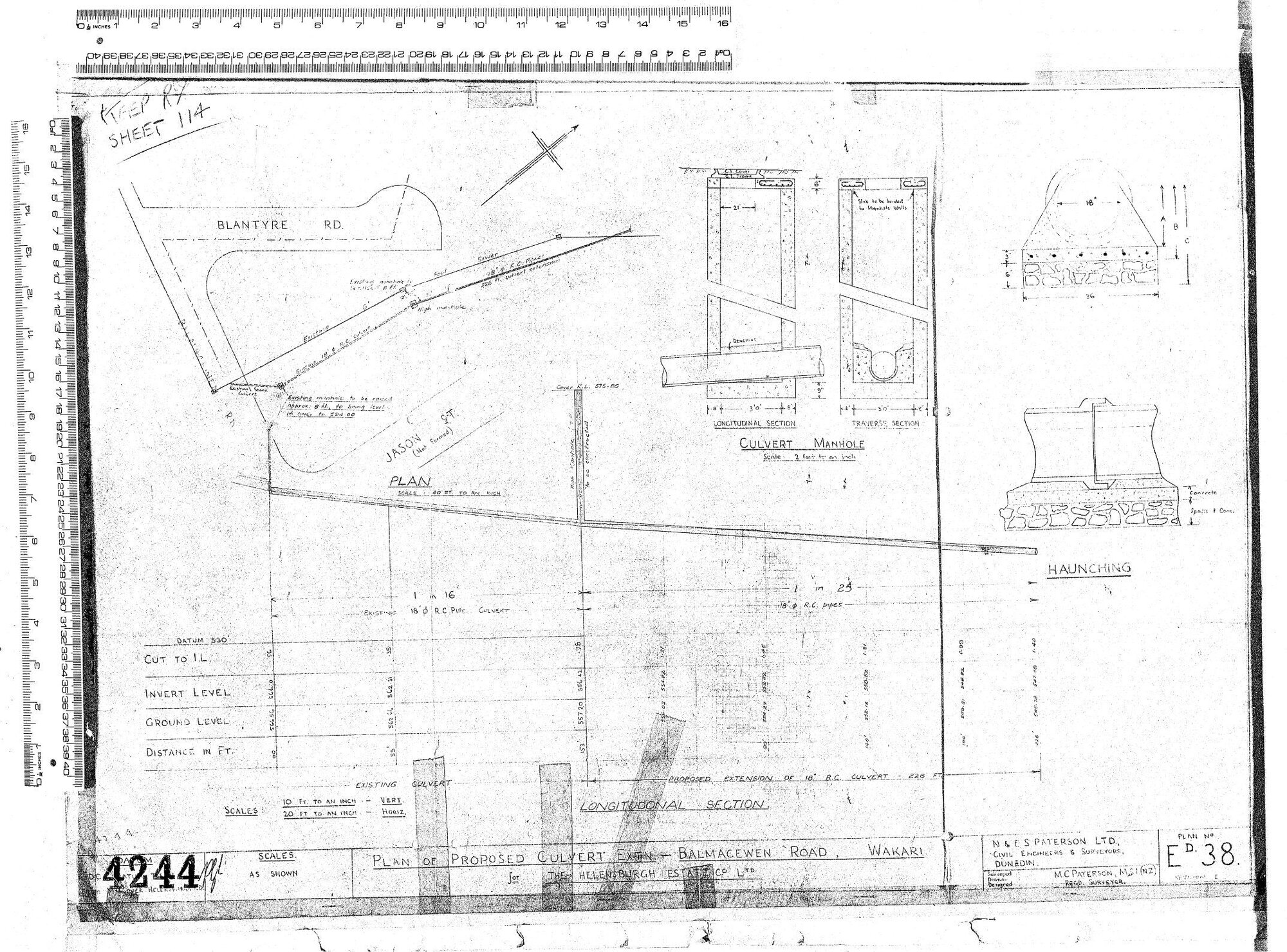 PLAN OF PROPOSED CULVERT EXTN - BALMACEWEN ROAD, WAKARI 