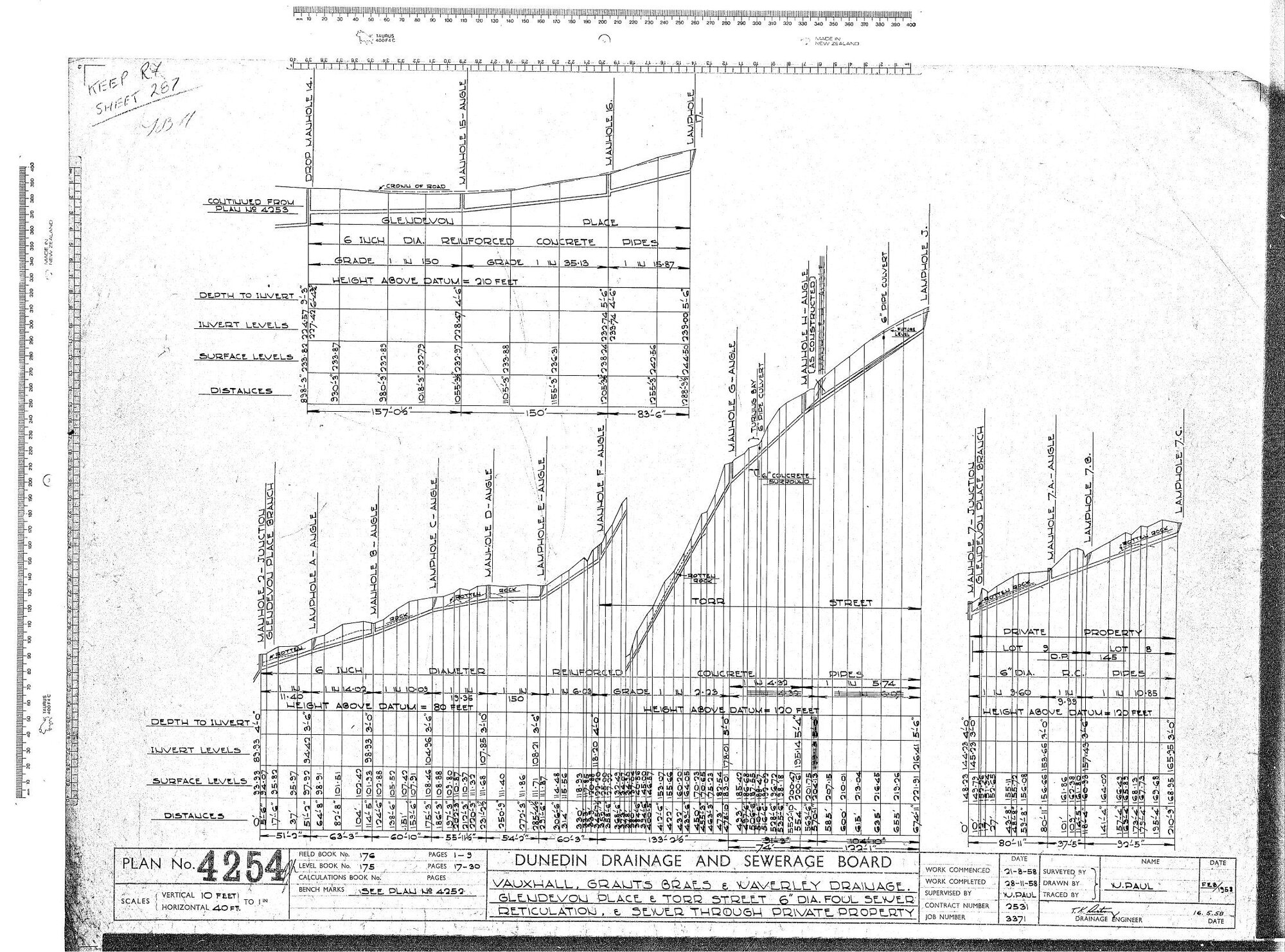 VAUXHALL, GRANTS, BRAES &amp; WAVERLEY DRAIANGE. GLENDEVON PLACE &amp; TORR STREET 6" DIA FOUL SEWER RETICULATION &amp; SEWER THROUGH PRIVATE PROPERTY