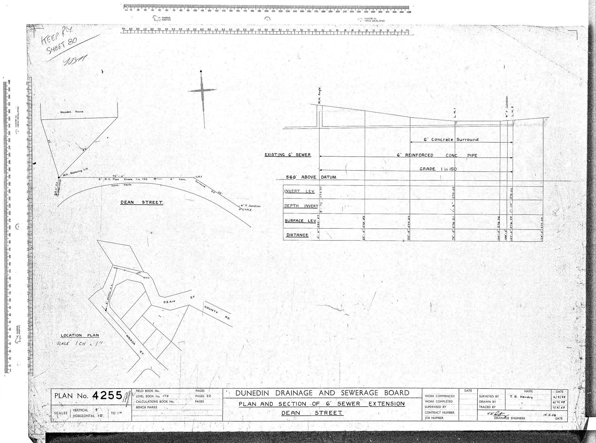 PLAN AND SECTION OF 6" SEWER EXTENSION DEAN STREET