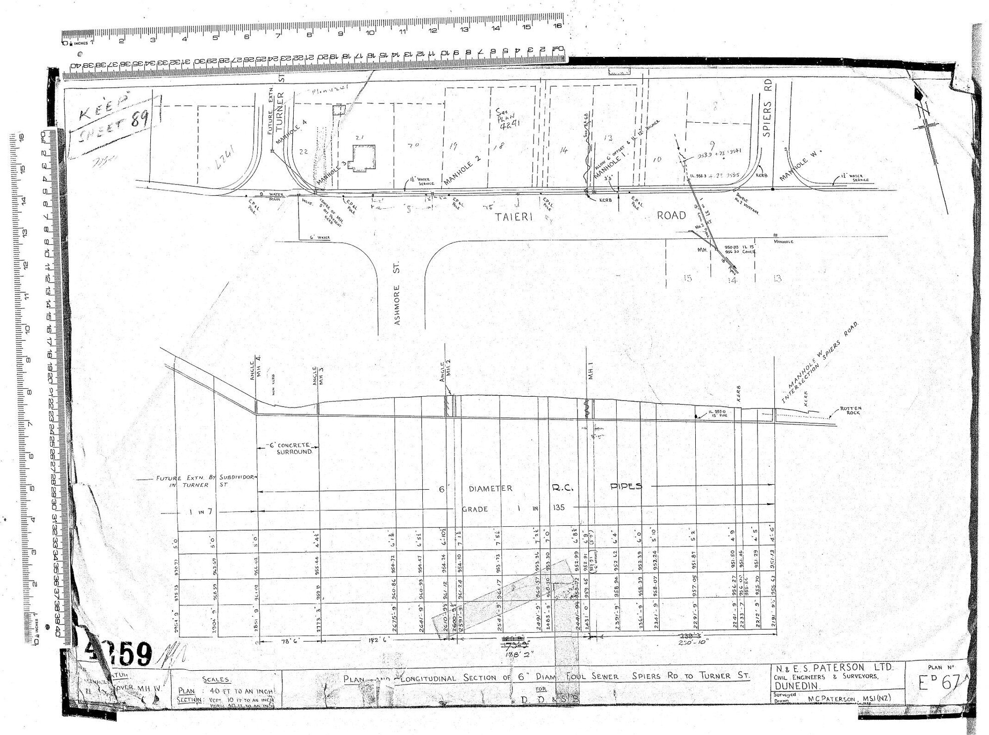PLAN &amp; LOGITUDINAL SECTION OF 6" DIA FOUL SEWER SPIERS RD TO TURNER ST