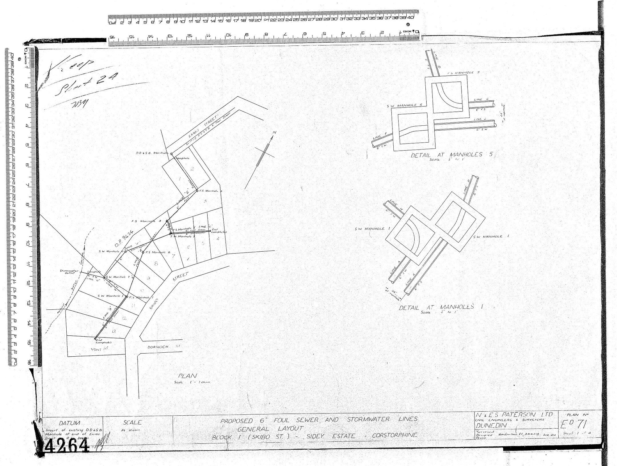 PROPOSED 6" FOUL SEWER &amp; STORMWATER LINES GENERAL LAYOUT BLOCK 1 (SKIBO ST) SIDEY ESTATE CORSTORPHINE