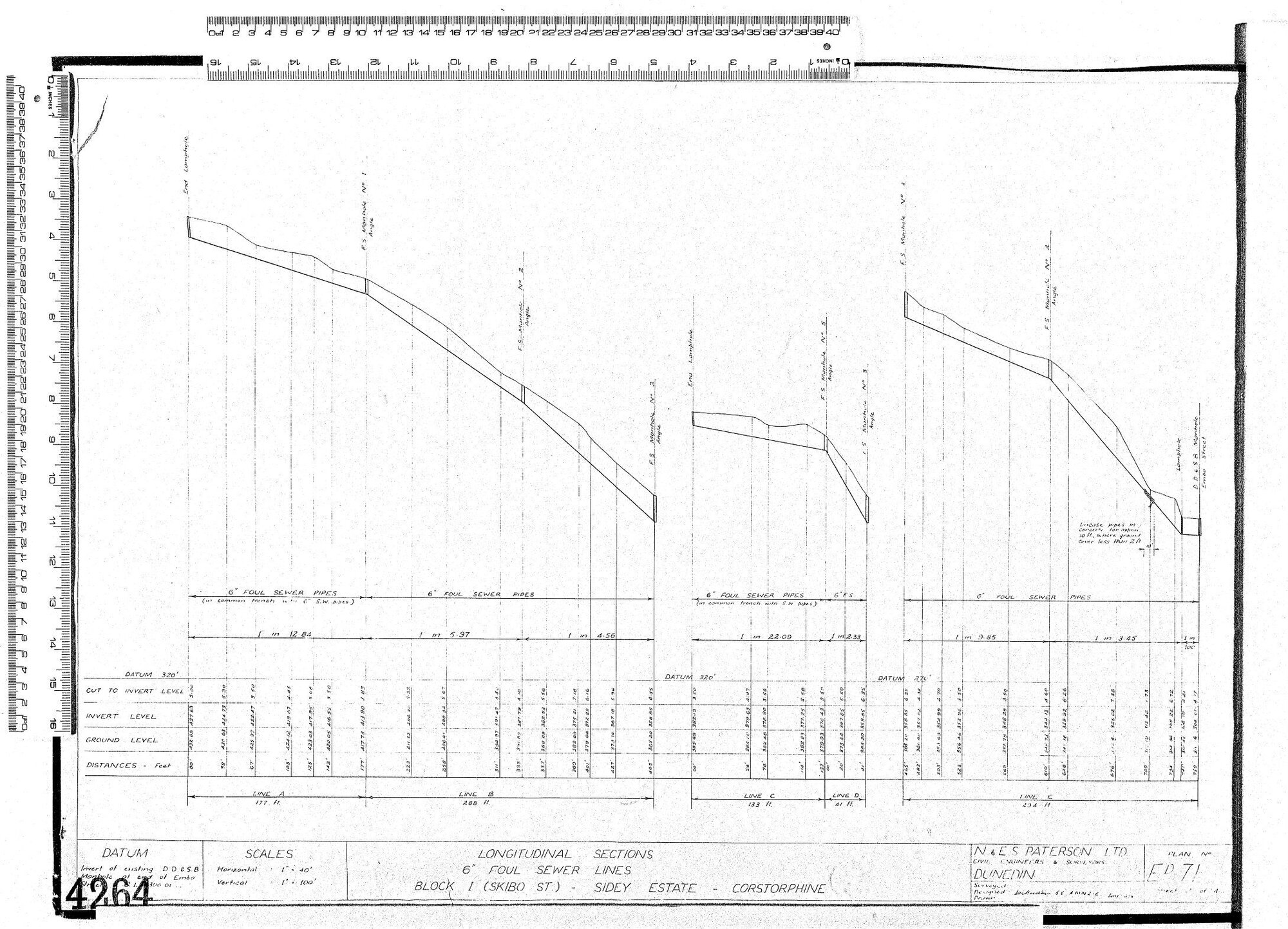 LONGITUDINAL SECTIONS 6" FOUL SEWER LINES BLOCK 1 (SKIBO ST) SIDEY ESTATE CORSTORPHINE