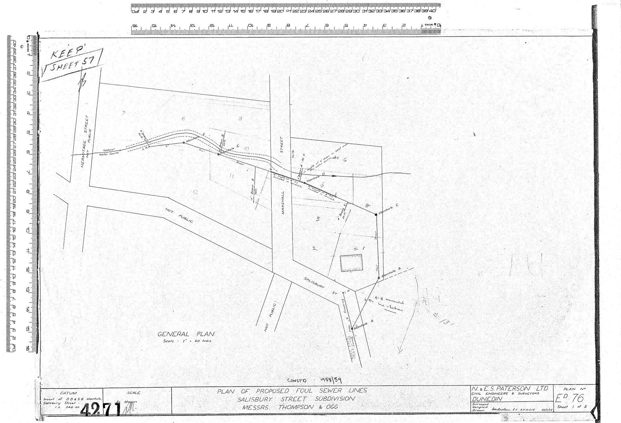 PLAN OF PROPOSED FOUL SEWER LINES SALISBURY STREET SUBDIVISION MESSRS. THOMPSON &amp; OGG