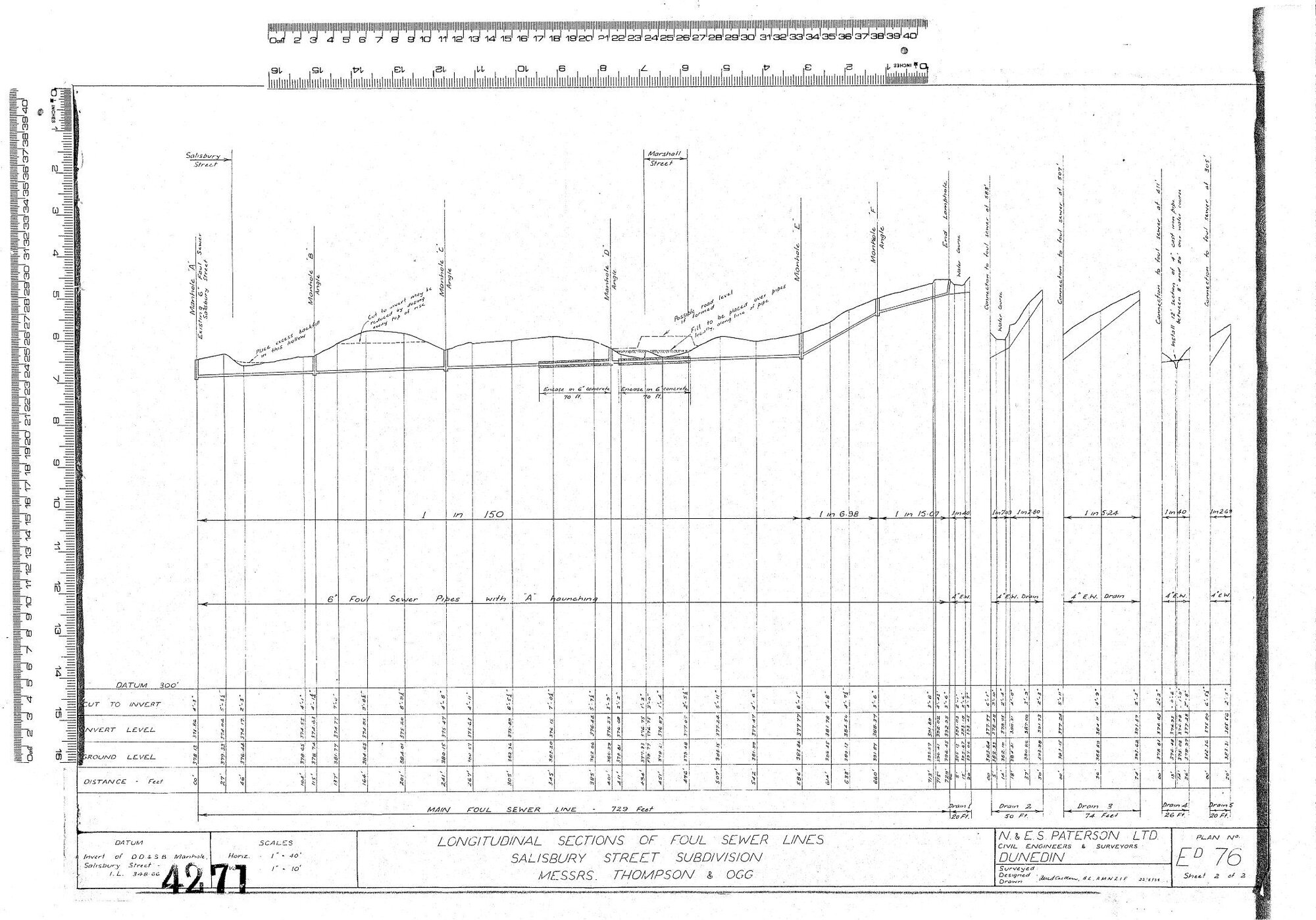LONGITUDINAL SECTIONS OF FOUL SEWER LINES SALISBURY STREET SUBDIVISION MESSRS THOMPSON &amp; OGG