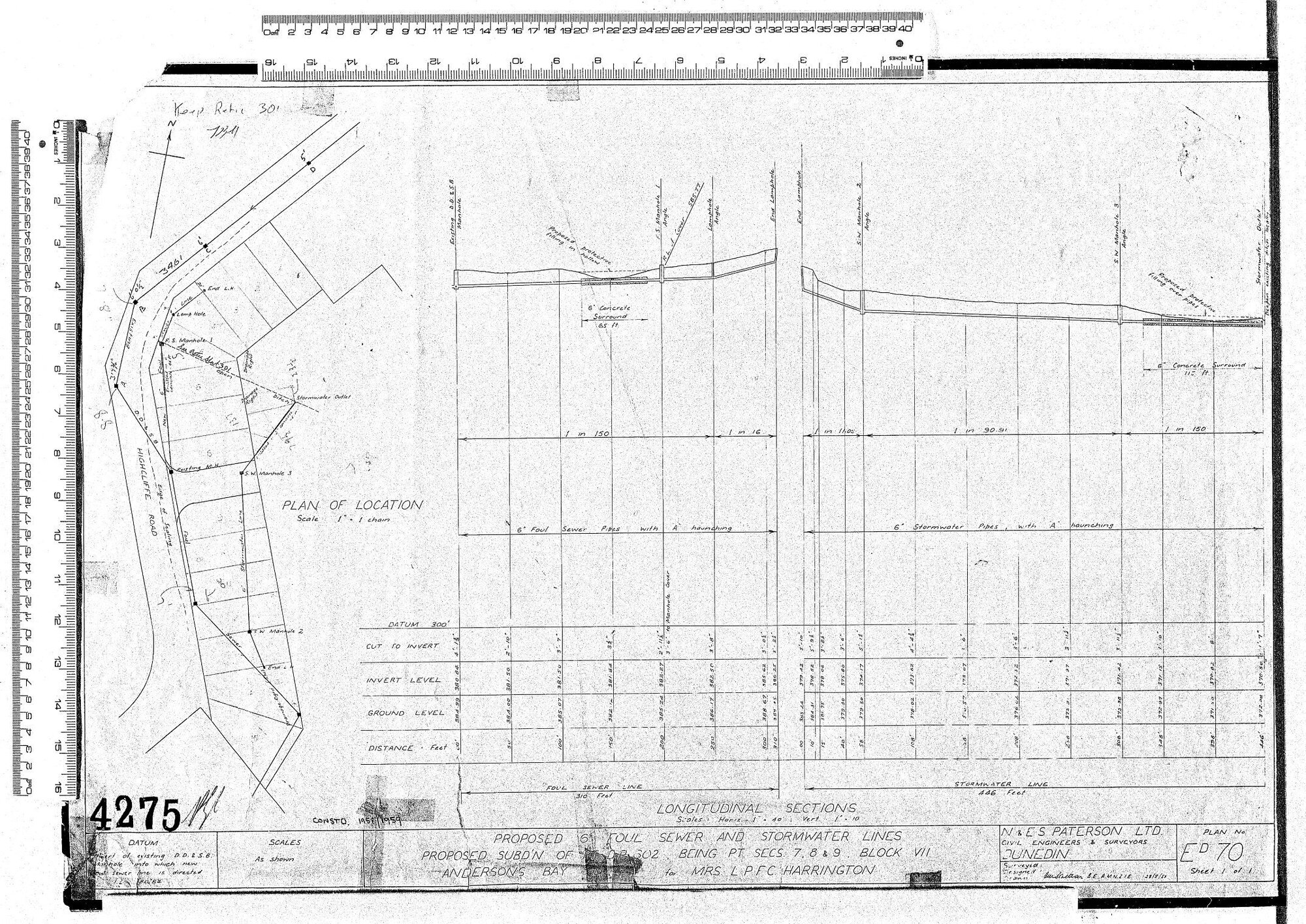 PROPOSED 6" FOUL SEWER &amp; STORMWATER LINES PROPOSED SUBD'N OF PT D.P.602 BEING PT SECS 7,8, &amp; 9 BLOCK VII ANDERSONS BAY