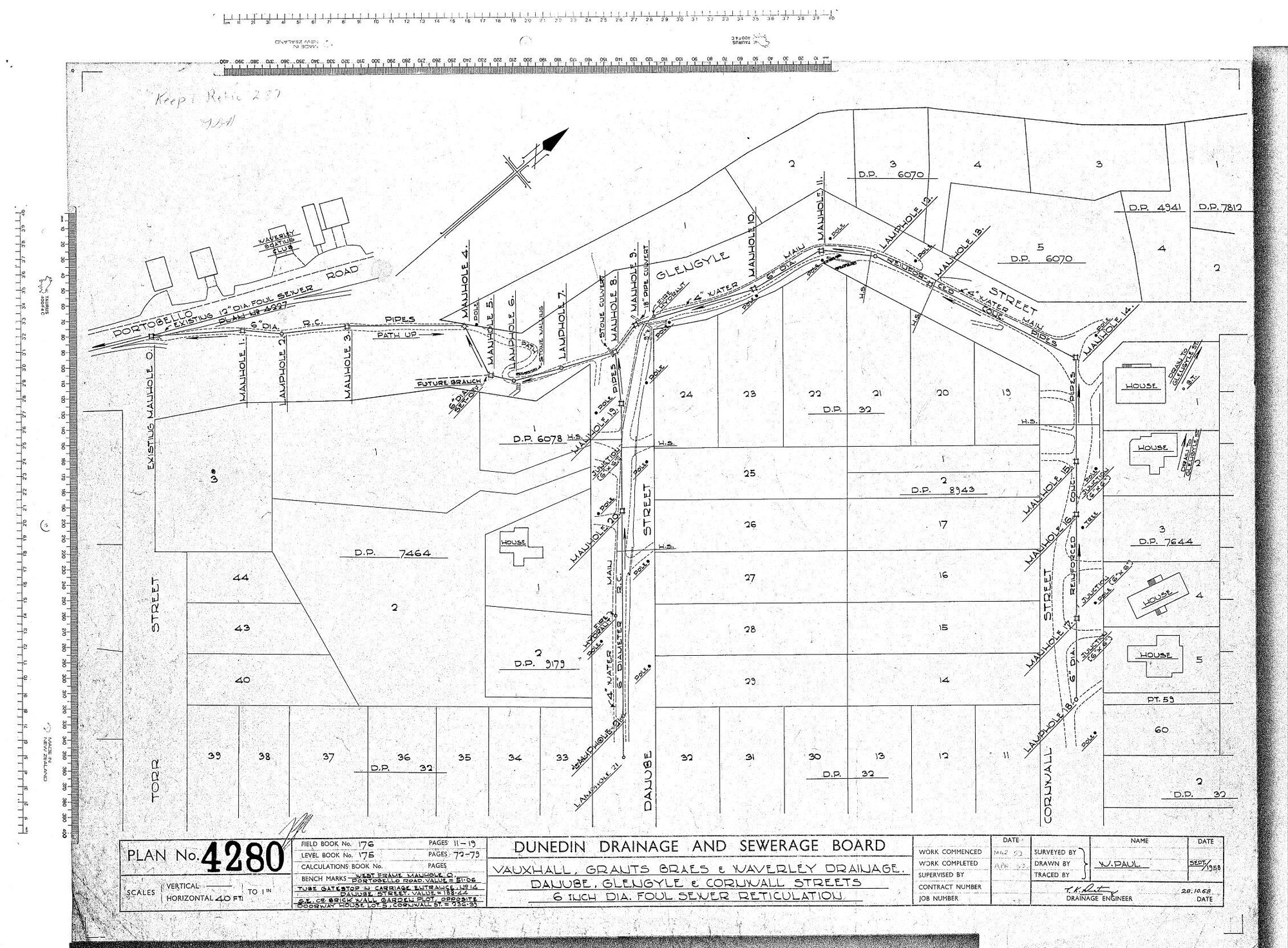 VAUXHALL, GRANTS BRAES &amp; WAVERLEY DRAINAGE. DANUBE, GLENGYLE &amp; CORNWALL STREETS 6" DIA FOUL SEWER RETICULATION