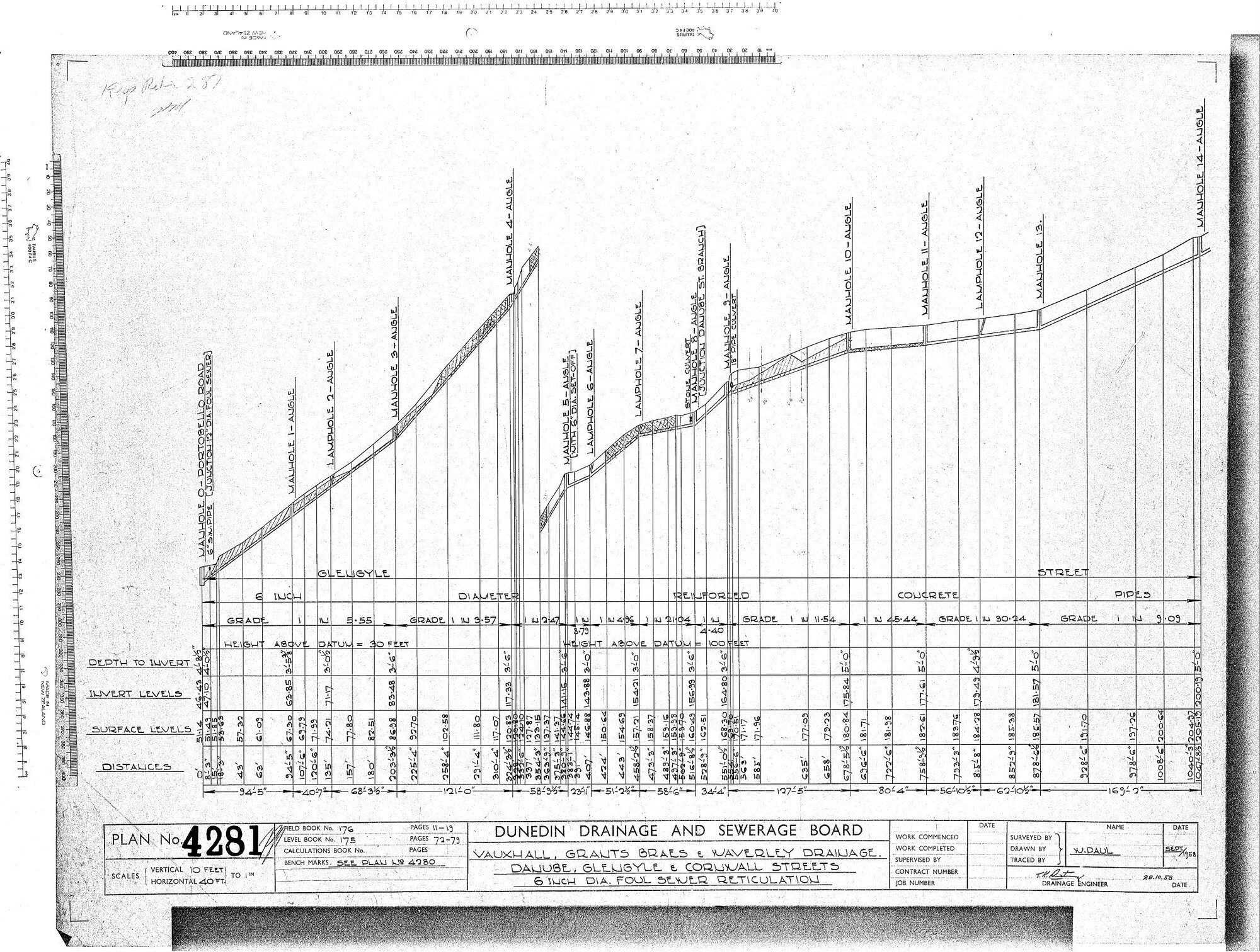 VAUXHALL, GRANTS BRAES &amp; WAVERLEY DRAINAGE. DANUBE, GLENGYLE &amp; CORNWALL STREETS 6" DIA FOUL SEWER RETICULATION
