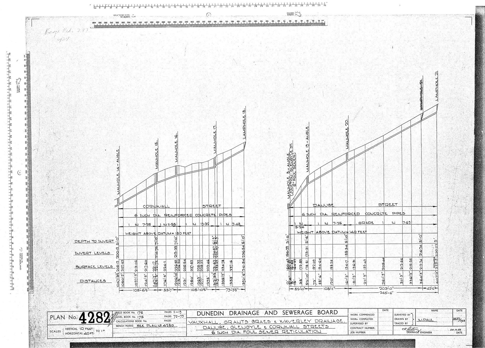 VAUXHALL, GRANTS BRAES &amp; WAVERLEY DRAINAGE. DANUBE, GLENGYLE &amp; CORNWALL STREETS 6" DIA FOUL SEWER RETICULATION