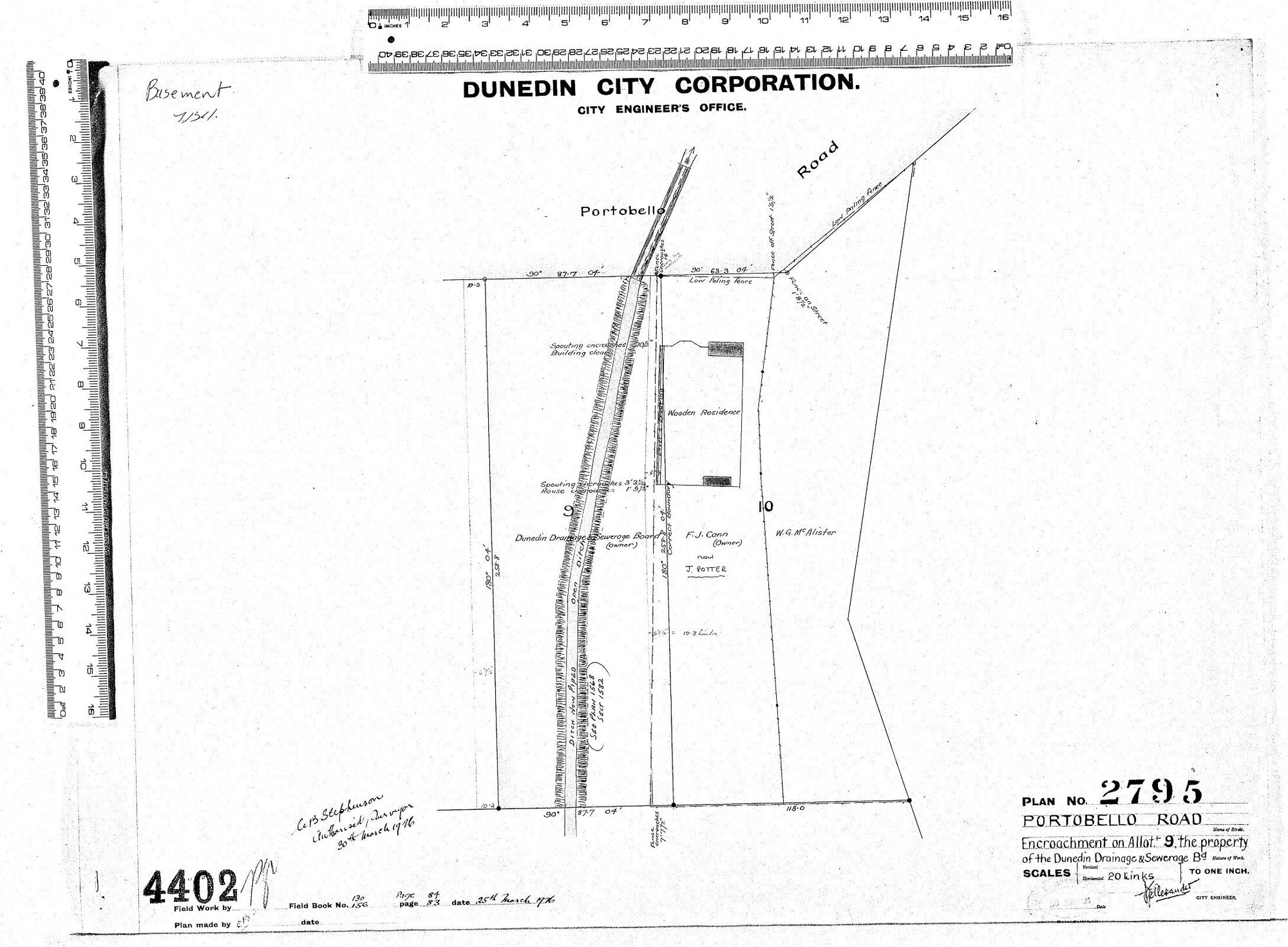 PORTOBELLO ROAD  ENCROACHMENT ON ALLOT 9. THE PROPORTY OF THE DUNEDIN DRAINAGE &amp; SEWERAGE BD.