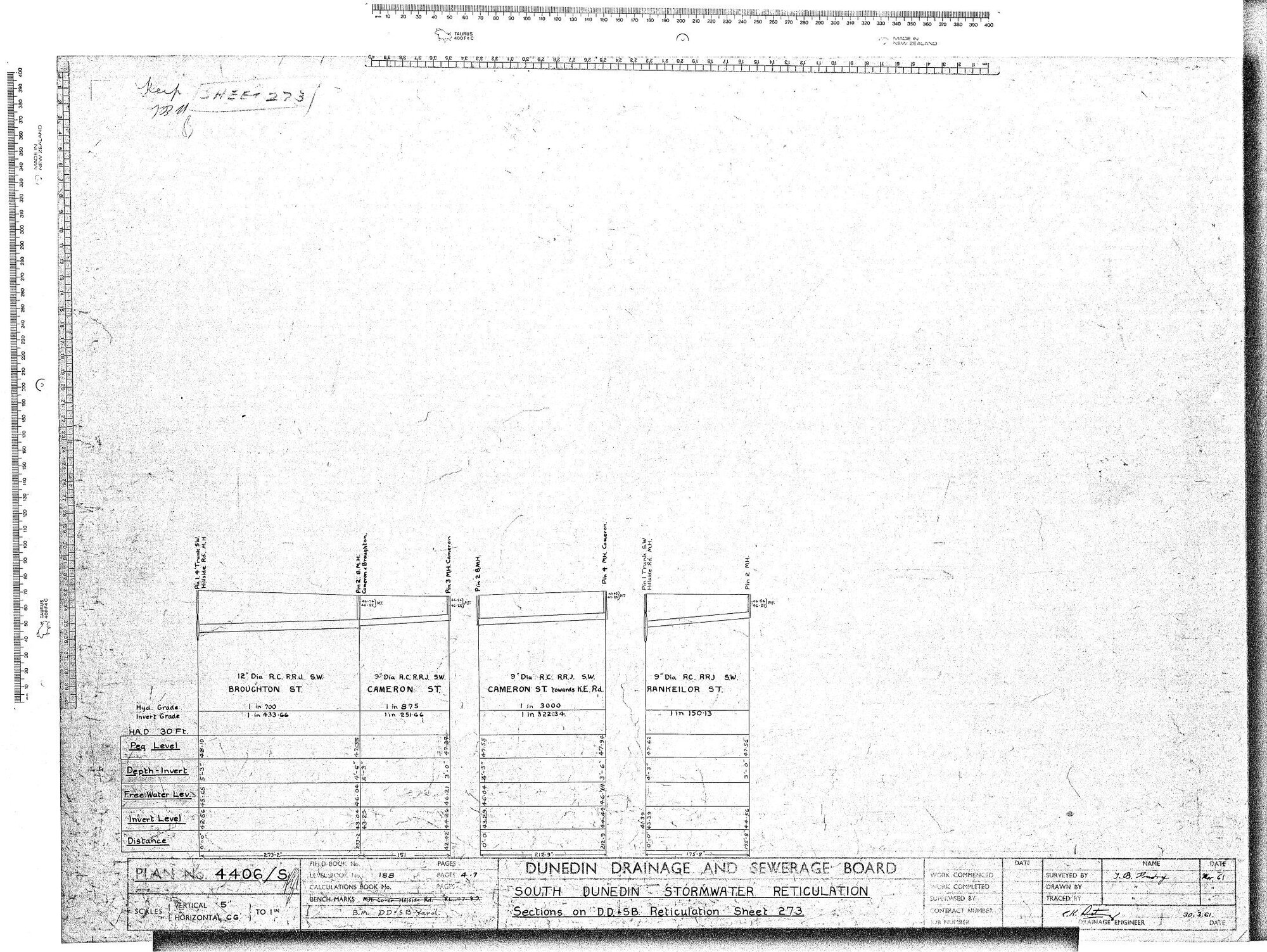 SOUTH DUNEDIN STORMWATER RETICULATION SECTIONS ON D.D. - S.B. RETICULATION SHEET 273