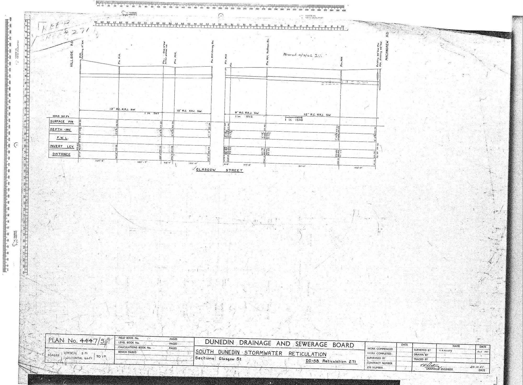 SOUTH DUNEDIN STORMWATER RETICULATION  SECTIONS GLASGOW ST  D.D. &amp; S.B. RETICULATION 271