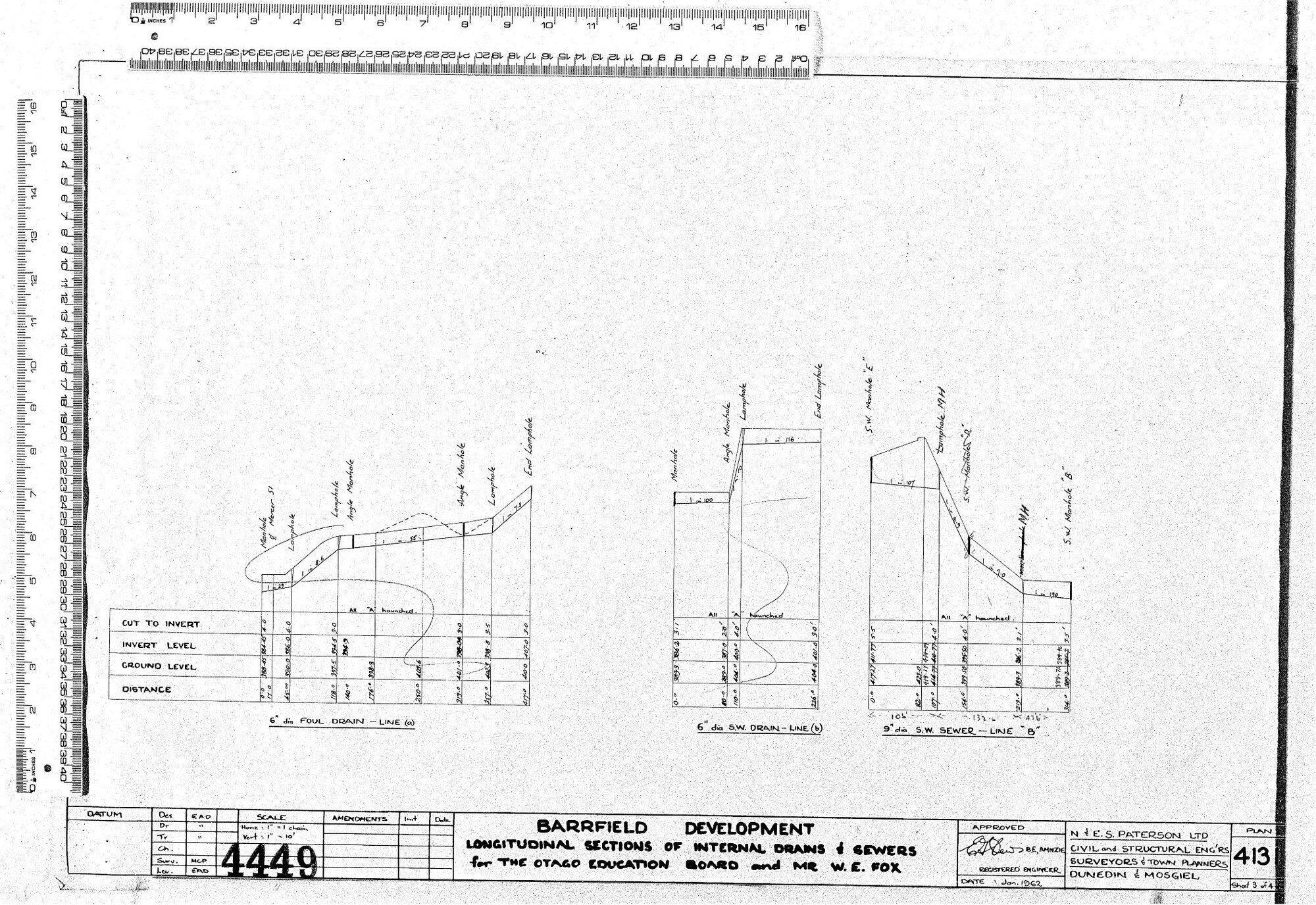 BARRFIELD DEVELOPMENT LONGITUDINAL SECTIONS OF INTERNAL DRAINS &amp; SEWERS FOR THE OTAGO EDUCATION BOARD