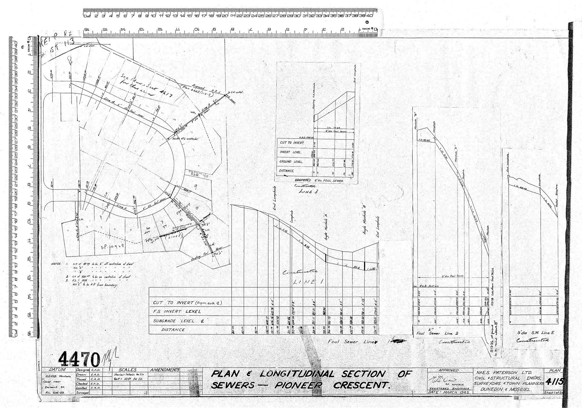PLAN &amp; LONGITUDINAL SECTION OF SEWERS - PIONEER CRESCENT