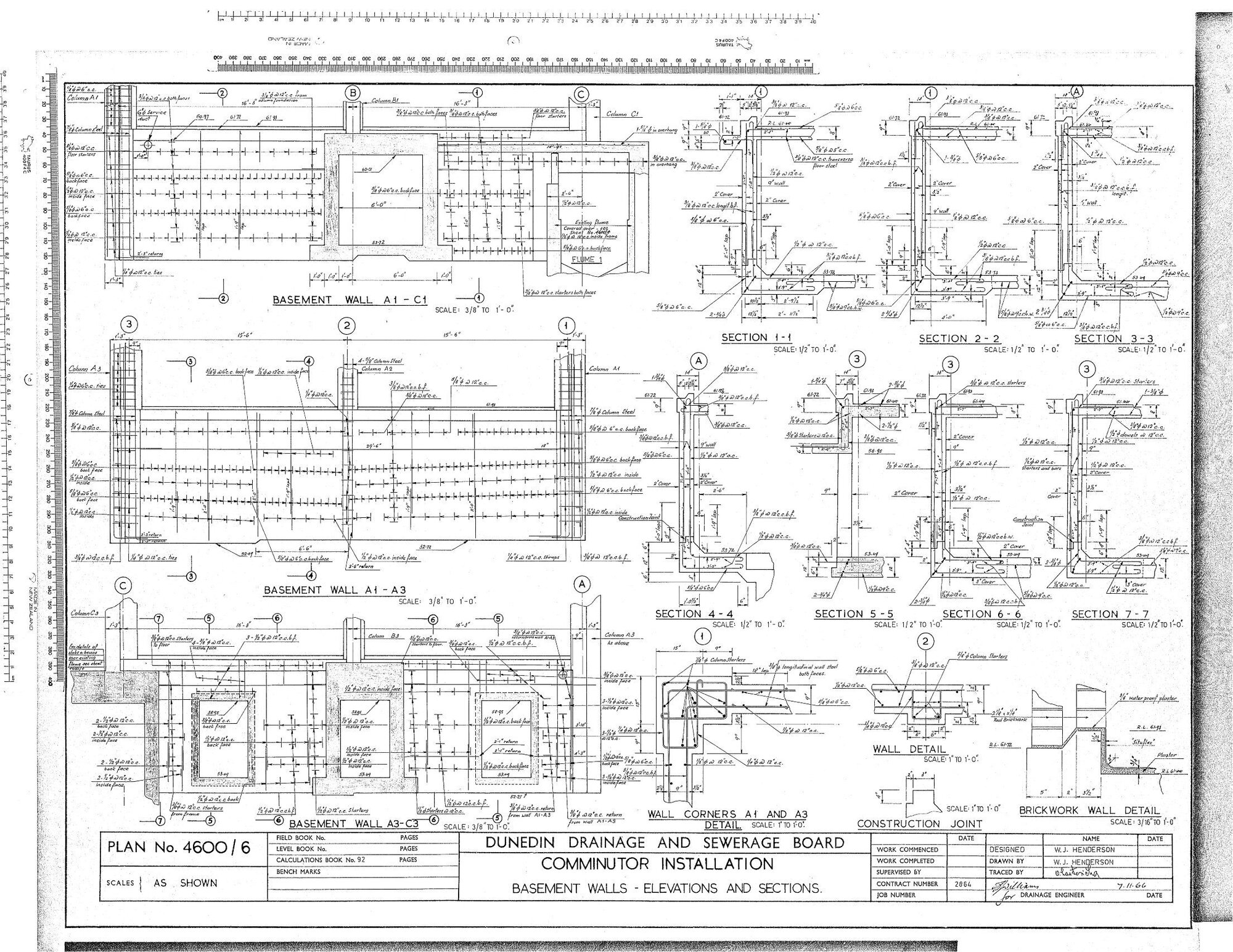 COMMINUTOR INSTALLATION BASEMENT WALLS - ELEVATIONS AND SECTIONS