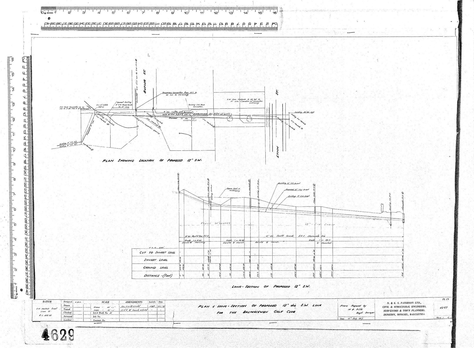 PLAN &amp; LONG-SECTION OF PROPOSED 12" DIA S.W. LINE FOR THE BALMACEWEN GOLF CLUB