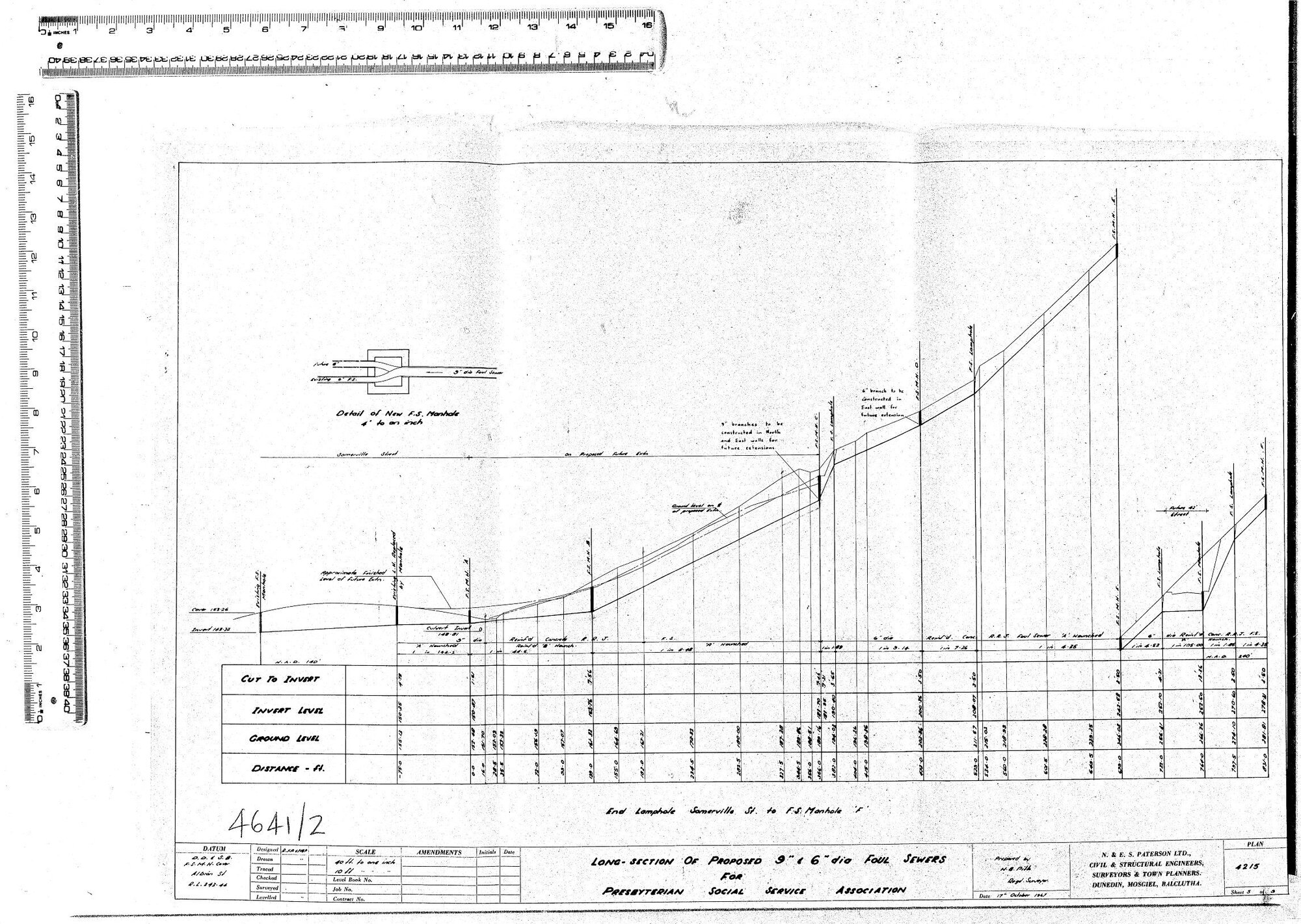 LONG-SECTION OF PROPOSED 9" &amp; 6" DIA FOUL SEWERS FOR PRESBYTERIAN SOCIAL SERVICES ASSOCIATION 