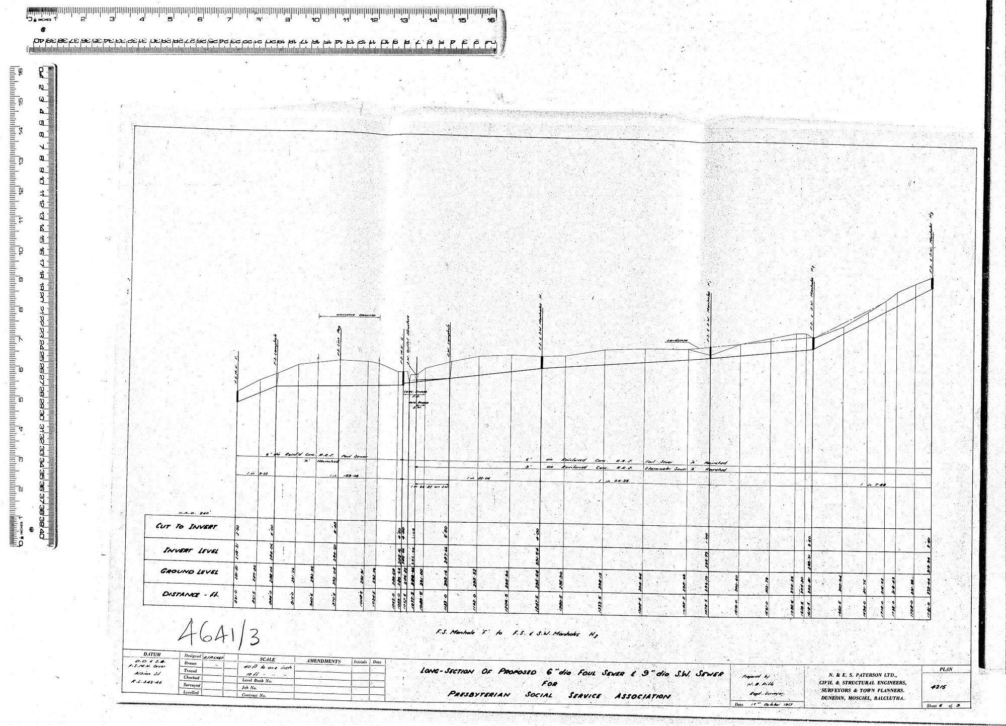 LONG-SECTION OF PROPOSED 6" DIA FOUL SEWER &amp; 9" DIA S.W. SEWER  FOR PRESBYTERIAN SOCIAL SERVICES ASSOCIATION 