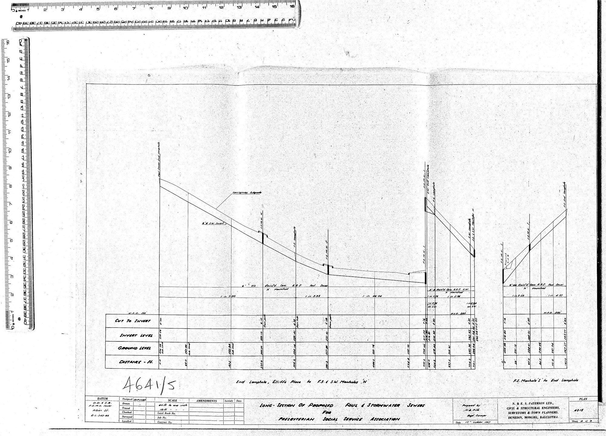 LONG-SECTION OF PROPOSED FOUL &amp; STORMWATER SEWERS FOR PRESBYTERIAN SOCIAL SERVICES ASSOCIATION 