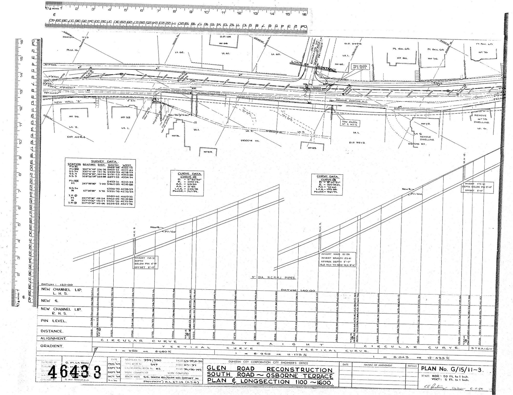 GLEN ROAD RECONSTRUCTION  SOUTH ROAD - OSBOURNE TERRACE PLAN &amp; LONGSECTION 1100 - 1600