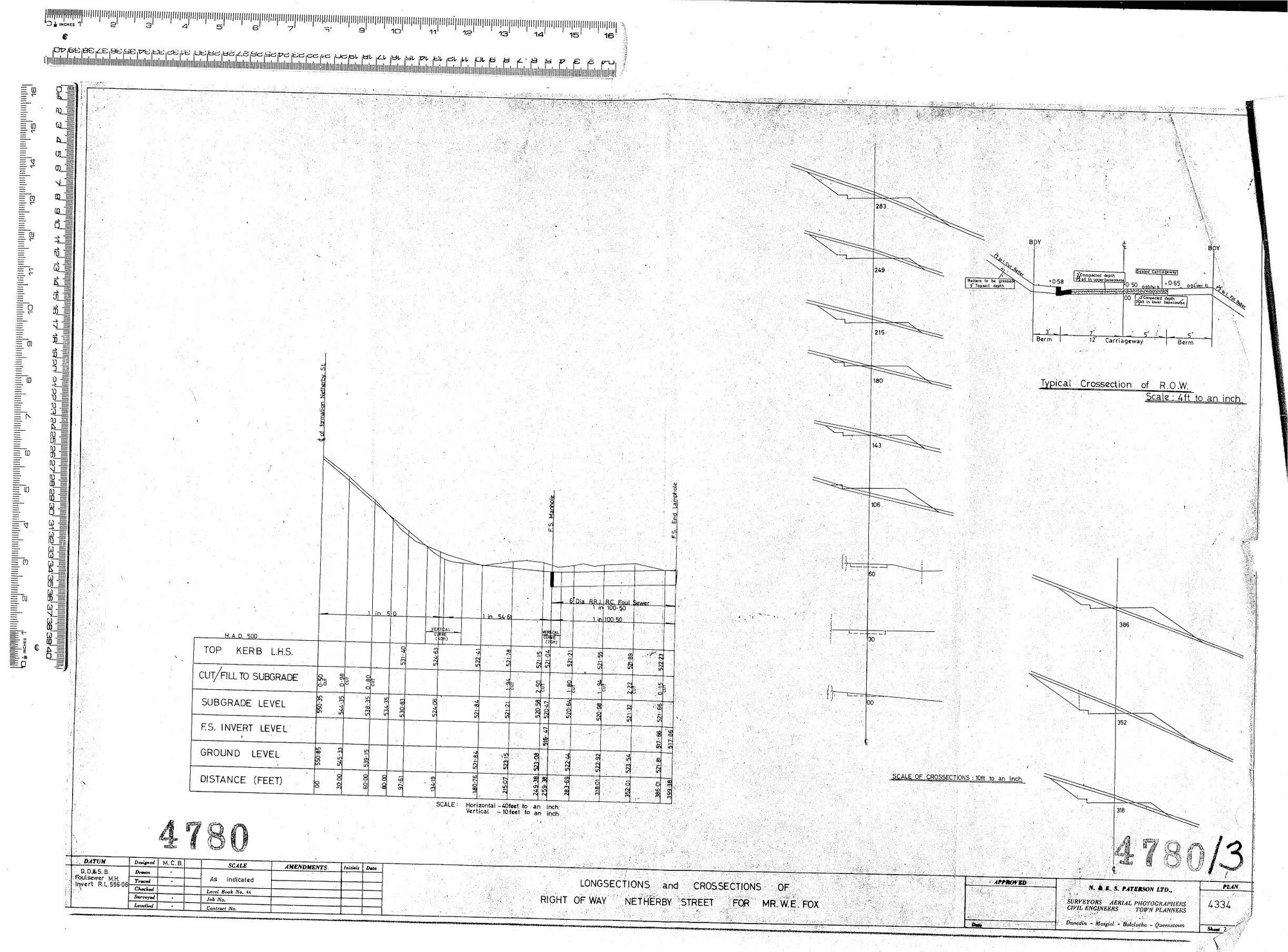 LONGSECTIONS AND CROSSSECTIONS OF RIGHT OF WAY NETHERBY STREET FOR MR W.E. FOX
