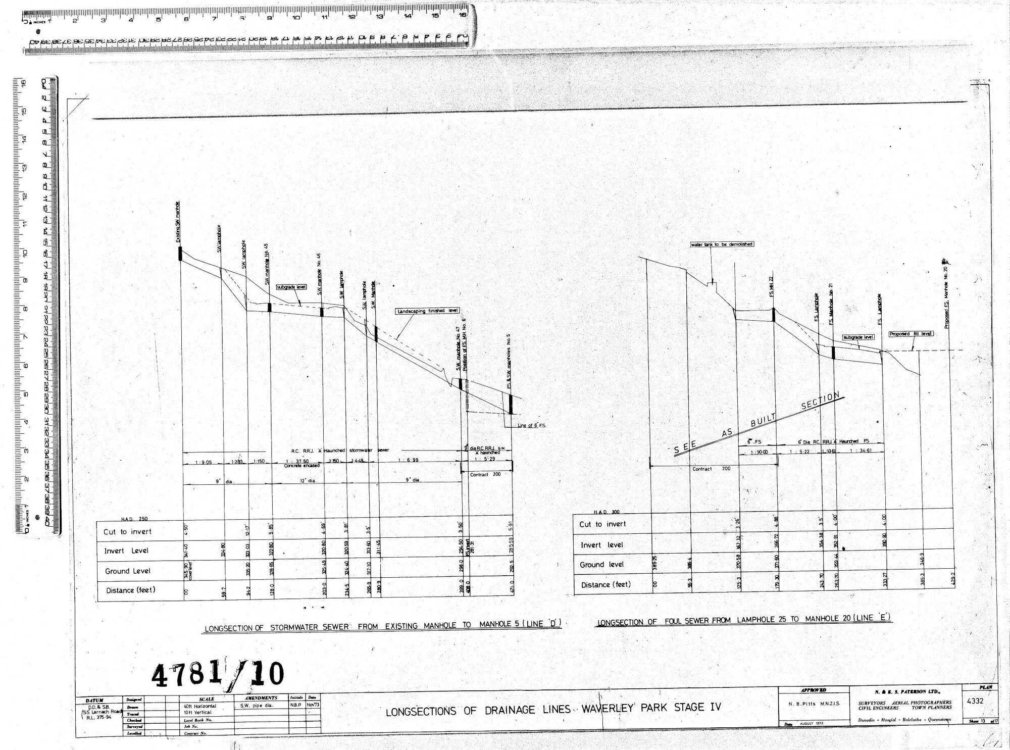 LONGSECTIONS OF DRAINAGE LINES - WAVERLEY PARK STAGE IV