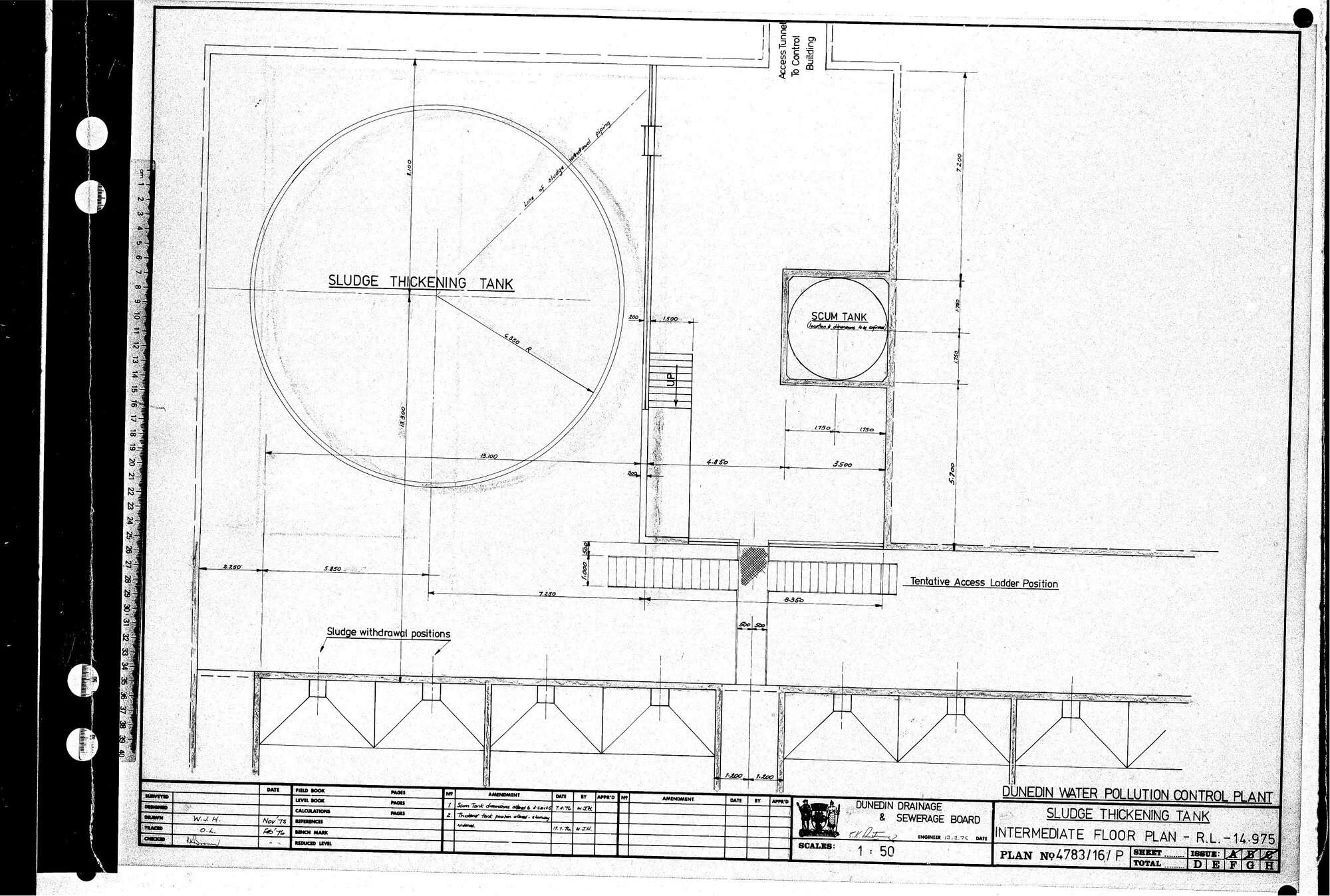 DUNEDIN WATER POLLUTION CONTROL PLANT - SLUDGE THICKENING TANK - INTERMEDIATE FLOOR PLAN - R.L.-14.975